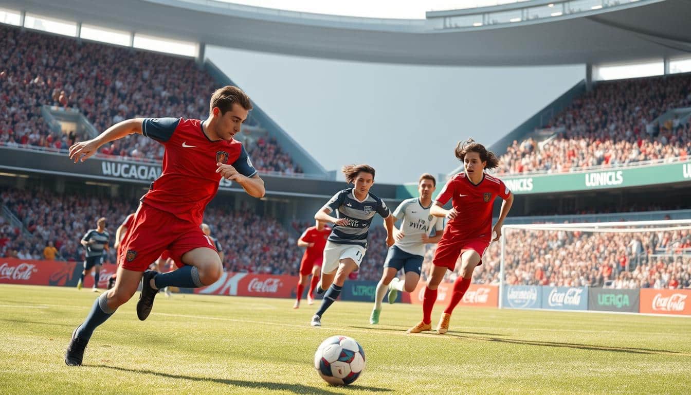 A fast-paced soccer match, players dashing across the field, eyes sharp, making split-second decisions. In the foreground, a striker expertly weaving through defenders, ball at their feet, poised to score. The midfield bustles with activity, teammates passing with precision, anticipating each other's moves. In the background, the stadium erupts with cheers, the crowd's energy palpable. The lighting is crisp and natural, capturing the intensity of the game. A hyper-realistic, high-definition photograph that showcases the quick thinking and agility required in this thrilling sport.