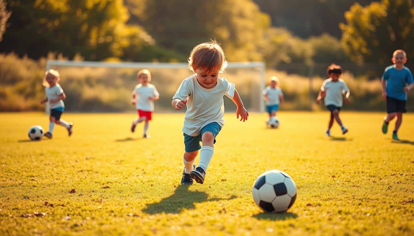 A hyper-realistic photo of a vibrant toddler soccer practice session. In the foreground, a young child dribbles a soccer ball, their concentrated expression and nimble footwork showcasing their burgeoning motor skills. In the middle ground, several other toddlers engage in various drills, their movements fluid and coordinated. The background features a lush, verdant soccer field, bathed in warm, golden sunlight that creates a sense of energy and vitality. The scene is captured with a shallow depth of field, drawing the viewer's eye to the central action and highlighting the children's dynamic physicality. The overall atmosphere is one of joyful learning, as the toddlers explore the fundamental movements and strategies of the beautiful game. A hyper-realistic photo of a vibrant toddler soccer practice session. In the foreground, a young child dribbles a soccer ball, their concentrated expression and nimble footwork showcasing their burgeoning motor skills. In the middle ground, several other toddlers engage in various drills, their movements fluid and coordinated. The background features a lush, verdant soccer field, bathed in warm, golden sunlight that creates a sense of energy and vitality. The scene is captured with a shallow depth of field, drawing the viewer's eye to the central action and highlighting the children's dynamic physicality. The overall atmosphere is one of joyful learning, as the toddlers explore the fundamental movements and strategies of the beautiful game.