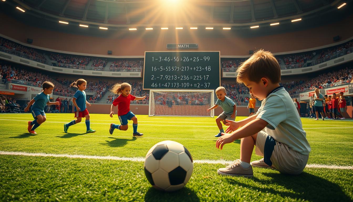 A vibrant, hyper-realistic soccer field with a playful, educational twist. In the foreground, a group of children enthusiastically engage in a soccer-themed math game, using a ball and various colored markers to solve arithmetic problems. The middle ground features a chalkboard displaying numerical operations, encouraging active learning. The background showcases a sun-drenched stadium with cheering fans, creating an energetic and motivating atmosphere for the young players. Warm lighting casts a gentle glow, enhancing the sense of community and the joy of learning through play.