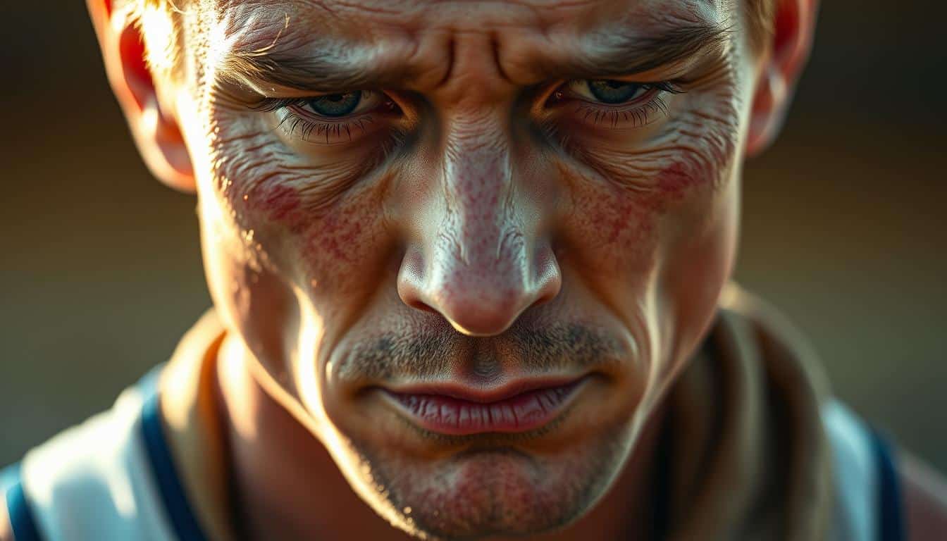 A close-up, hyper-realistic photo of a dehydrated athlete showing the classic symptoms - dry, cracked lips, sunken eyes, and a pale, dull complexion. The subject is depicted in warm, natural lighting, creating a sense of urgency and concern. The image focuses on the face, with the athlete's expression conveying discomfort and fatigue. The background is slightly blurred, emphasizing the subject and drawing the viewer's attention to the clear signs of dehydration. The overall mood is one of worry and the need for immediate hydration intervention. A close-up, hyper-realistic photo of a dehydrated athlete showing the classic symptoms - dry, cracked lips, sunken eyes, and a pale, dull complexion. The subject is depicted in warm, natural lighting, creating a sense of urgency and concern. The image focuses on the face, with the athlete's expression conveying discomfort and fatigue. The background is slightly blurred, emphasizing the subject and drawing the viewer's attention to the clear signs of dehydration. The overall mood is one of worry and the need for immediate hydration intervention.