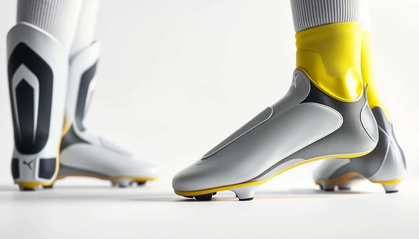 A close-up, hyper-realistic photo of a pair of soccer shin guards against a clean, white background. The shin guards are shown from multiple angles, highlighting their construction, materials, and ergonomic design features. Soft, even lighting illuminates the subtle textures and contours of the guards, allowing the viewer to appreciate the intricate details that contribute to optimal fit and protection. The image conveys a sense of quality, durability, and the importance of properly sizing and fitting shin guards to ensure optimal safety and performance on the soccer field.