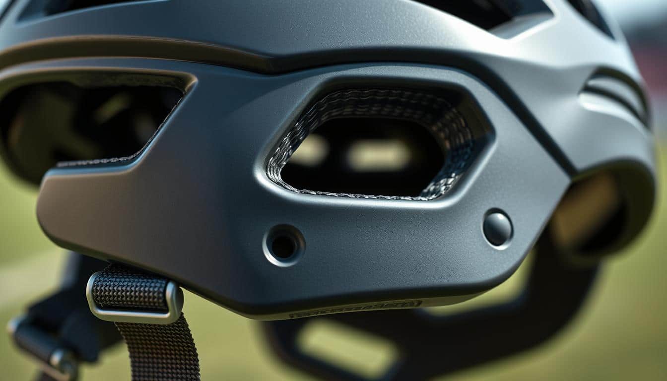 A closeup hyper-realistic photo of soccer headgear features. The foreground displays a sleek, well-ventilated youth soccer helmet with a glossy shell and thick protective padding. The middle ground showcases the adjustable straps and buckles, allowing for a secure, customized fit. In the background, the camera angle captures the helmet's aerodynamic design and visible air vents, underscoring its breathability and lightweight construction. The lighting is natural and evenly distributed, highlighting the details and textures of the helmet's materials. The overall mood is one of quality, safety, and functionality, perfectly suited for the needs of young soccer players.
