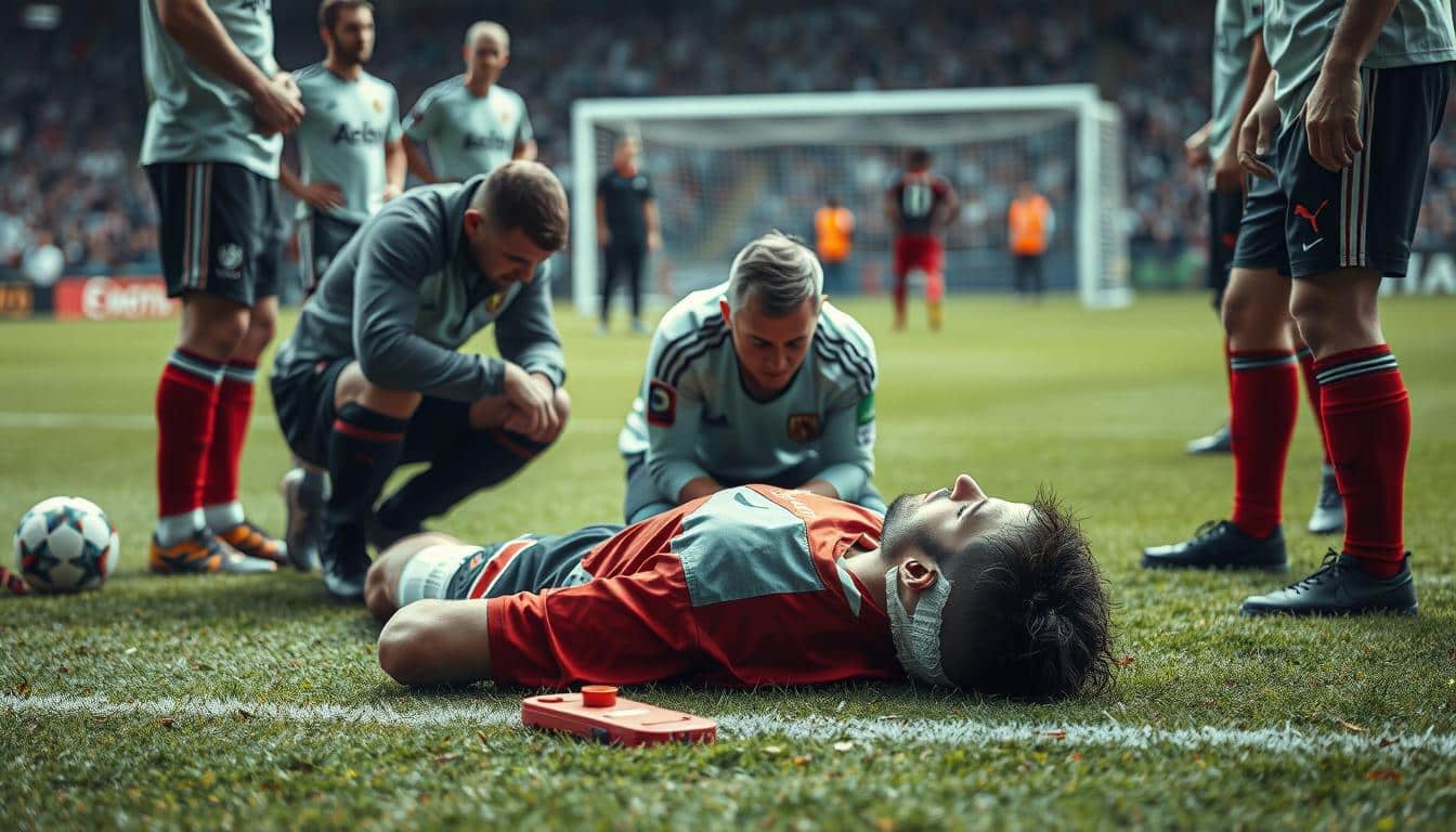 A detailed, hyper-realistic photograph of a first aid situation for a head injury sustained during a soccer match. The foreground shows the injured player lying on the field, with a concerned coach or team medic kneeling beside them, administering care. The player's head is bandaged, and they appear disoriented. In the middle ground, other players and officials gather around, observing the situation with concern. The background depicts the soccer field, with the goal posts and spectators visible in the distance, creating a sense of the larger sporting context. The lighting is natural, with soft shadows and highlights accentuating the details. The camera angle is low, capturing the scene from an angle that conveys the urgency and importance of the moment. A detailed, hyper-realistic photograph of a first aid situation for a head injury sustained during a soccer match. The foreground shows the injured player lying on the field, with a concerned coach or team medic kneeling beside them, administering care. The player's head is bandaged, and they appear disoriented. In the middle ground, other players and officials gather around, observing the situation with concern. The background depicts the soccer field, with the goal posts and spectators visible in the distance, creating a sense of the larger sporting context. The lighting is natural, with soft shadows and highlights accentuating the details. The camera angle is low, capturing the scene from an angle that conveys the urgency and importance of the moment.