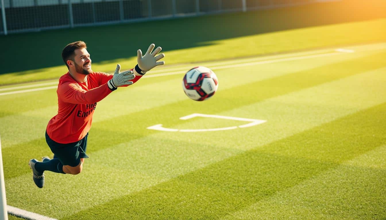 A goalkeeper confidently catching a ball during an intense training session, with a perfectly timed leap and outstretched arms. The action is captured in crisp detail, the player's expression focused and determined, the ball spinning as it makes contact with their gloves. In the background, a meticulously rendered soccer field stretches out, complete with neatly trimmed grass and clear white lines. Bright, directional lighting casts dramatic shadows, heightening the drama and intensity of the moment. The overall scene conveys a sense of dedication, skill, and unwavering confidence that is essential for a top-level goalkeeper. A goalkeeper confidently catching a ball during an intense training session, with a perfectly timed leap and outstretched arms. The action is captured in crisp detail, the player's expression focused and determined, the ball spinning as it makes contact with their gloves. In the background, a meticulously rendered soccer field stretches out, complete with neatly trimmed grass and clear white lines. Bright, directional lighting casts dramatic shadows, heightening the drama and intensity of the moment. The overall scene conveys a sense of dedication, skill, and unwavering confidence that is essential for a top-level goalkeeper.