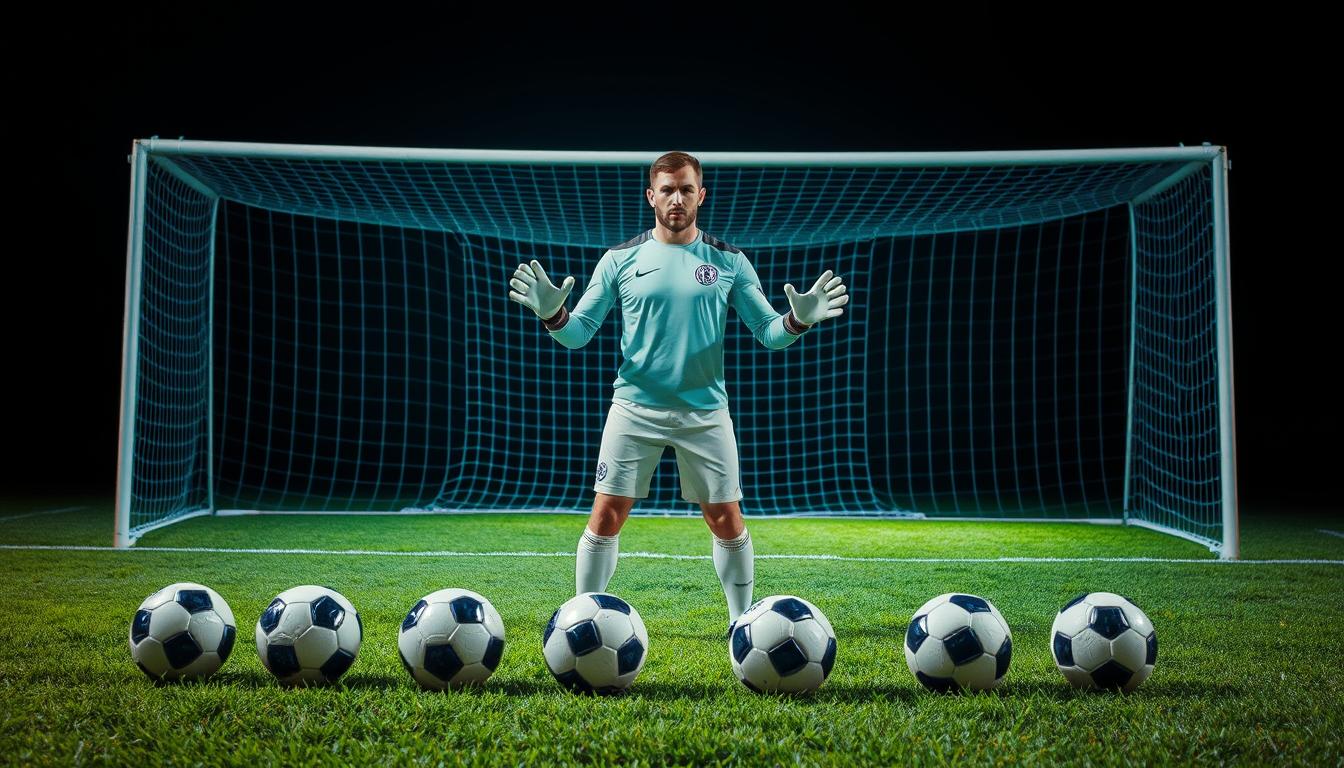 A goalkeeper stands in the center of a well-lit soccer field, hands outstretched and ready to make a save. The grass is a vibrant green, and the goal posts loom in the background, casting long shadows. The goalkeeper's uniform is pristine, and their expression is one of intense focus. In the foreground, a series of soccer balls are scattered, each representing a different drill the goalkeeper is practicing. The image conveys a sense of discipline, dedication, and the relentless pursuit of perfection that defines the life of a skilled goalkeeper. A goalkeeper stands in the center of a well-lit soccer field, hands outstretched and ready to make a save. The grass is a vibrant green, and the goal posts loom in the background, casting long shadows. The goalkeeper's uniform is pristine, and their expression is one of intense focus. In the foreground, a series of soccer balls are scattered, each representing a different drill the goalkeeper is practicing. The image conveys a sense of discipline, dedication, and the relentless pursuit of perfection that defines the life of a skilled goalkeeper.