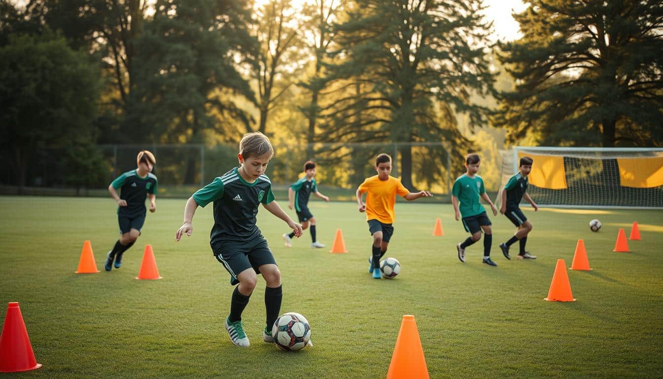 A group of young soccer players intensely focusing on ball control drills in a well-lit, lush green training ground. In the foreground, a player skillfully dribbles the ball, their face determined as they weave through cones. In the middle ground, teammates pass and receive the ball, their movements fluid and coordinated. The background features a backdrop of towering trees, casting a warm, golden glow over the scene. The overall atmosphere is one of focused determination, youthful energy, and the joy of honing individual ball control skills. A group of young soccer players intensely focusing on ball control drills in a well-lit, lush green training ground. In the foreground, a player skillfully dribbles the ball, their face determined as they weave through cones. In the middle ground, teammates pass and receive the ball, their movements fluid and coordinated. The background features a backdrop of towering trees, casting a warm, golden glow over the scene. The overall atmosphere is one of focused determination, youthful energy, and the joy of honing individual ball control skills.