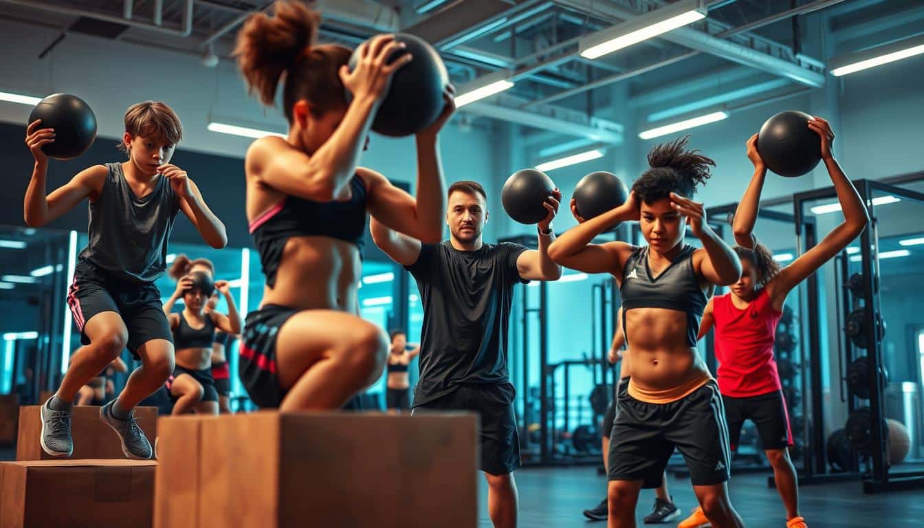 A high-energy, hyper-realistic photo capturing youth athletes engaged in dynamic strength and conditioning drills. In the foreground, a group of diverse young athletes perform explosive movements like box jumps and medicine ball throws, their bodies taut with muscular power. The middle ground features a coach demonstrating proper technique, their face determined and focused. In the background, an indoor training facility with sleek, modern equipment and vibrant lighting sets the scene. The overall atmosphere is one of intense training, discipline, and the boundless potential of young athletes honing their physical abilities. A high-energy, hyper-realistic photo capturing youth athletes engaged in dynamic strength and conditioning drills. In the foreground, a group of diverse young athletes perform explosive movements like box jumps and medicine ball throws, their bodies taut with muscular power. The middle ground features a coach demonstrating proper technique, their face determined and focused. In the background, an indoor training facility with sleek, modern equipment and vibrant lighting sets the scene. The overall atmosphere is one of intense training, discipline, and the boundless potential of young athletes honing their physical abilities.