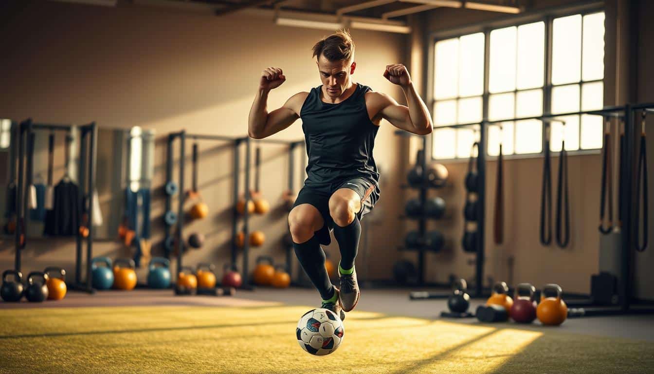 A high-intensity soccer player performing dynamic neuromuscular training exercises in a state-of-the-art sports training facility. In the foreground, the athlete is executing a series of plyometric jumps, their muscles tensing with power and precision. The middle ground features an array of resistance training equipment, including kettlebells, medicine balls, and suspension straps, creating a comprehensive training environment. The background is bathed in warm, directional lighting, casting dramatic shadows and highlighting the athlete's focused determination. The overall scene conveys the rigor and intensity of neuromuscular training, perfectly suited to illustrate the development of soccer-specific motor skills. A high-intensity soccer player performing dynamic neuromuscular training exercises in a state-of-the-art sports training facility. In the foreground, the athlete is executing a series of plyometric jumps, their muscles tensing with power and precision. The middle ground features an array of resistance training equipment, including kettlebells, medicine balls, and suspension straps, creating a comprehensive training environment. The background is bathed in warm, directional lighting, casting dramatic shadows and highlighting the athlete's focused determination. The overall scene conveys the rigor and intensity of neuromuscular training, perfectly suited to illustrate the development of soccer-specific motor skills.