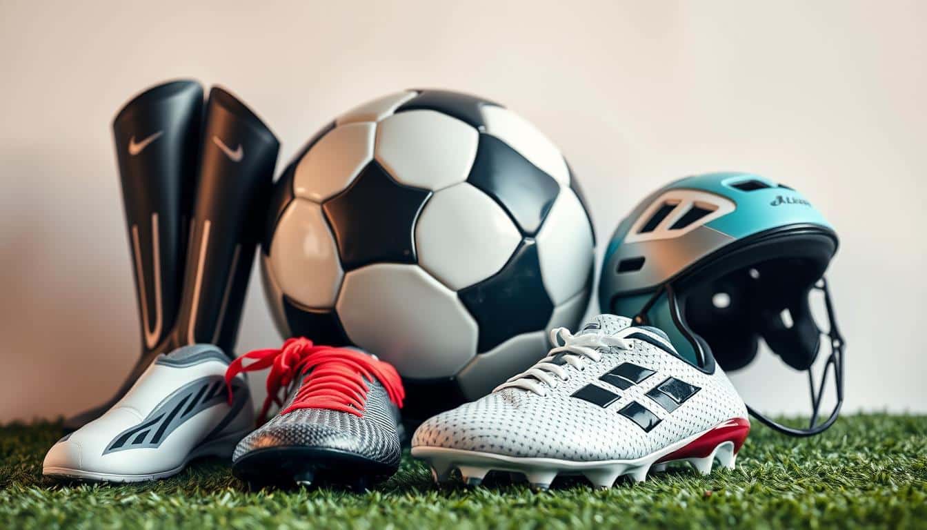 A high-resolution hyper-realistic photo of a neatly arranged display of essential soccer safety gear, including a sleek, modern soccer ball, a pair of well-padded shin guards, a sturdy pair of soccer cleats with advanced traction, a comfortable yet protective mouthguard, and a stylish, ventilated soccer headgear, all captured in a warm, natural lighting against a clean, minimalist background, conveying a sense of professionalism and the importance of proper safety equipment in the sport of soccer.