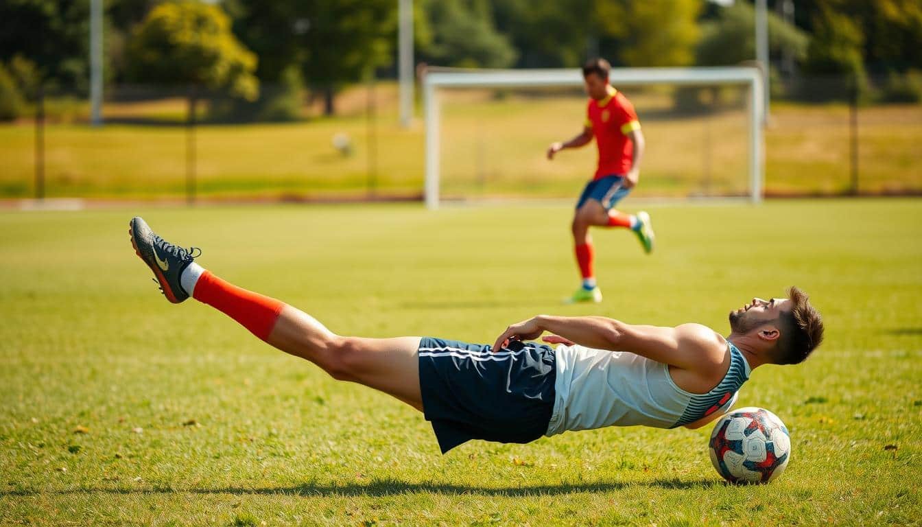A hyper-realistic, high-resolution photo of a soccer player performing a series of strength and balance exercises on a grassy field. In the foreground, the athlete is mid-lunge with one leg raised, their upper body twisted and arms extended, demonstrating core stability and lower body strength. In the middle ground, another player balances on one leg, performing lateral hops while maintaining perfect form. The background features a blurred, sun-dappled soccer pitch, with posts and crossbars visible in the distance. Warm, natural lighting illuminates the scene, casting soft shadows and highlighting the muscular definition of the athletes. A hyper-realistic, high-resolution photo of a soccer player performing a series of strength and balance exercises on a grassy field. In the foreground, the athlete is mid-lunge with one leg raised, their upper body twisted and arms extended, demonstrating core stability and lower body strength. In the middle ground, another player balances on one leg, performing lateral hops while maintaining perfect form. The background features a blurred, sun-dappled soccer pitch, with posts and crossbars visible in the distance. Warm, natural lighting illuminates the scene, casting soft shadows and highlighting the muscular definition of the athletes.