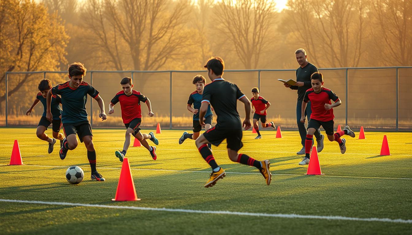A hyper-realistic, high-resolution photograph of soccer players performing a series of speed drills on a well-lit outdoor field. In the foreground, a group of young athletes are dribbling through a series of cones, their muscles tense and movements fluid as they accelerate and change direction. In the middle ground, another group is practicing shuttle runs, their feet pounding the turf as they sprint back and forth. In the background, a coach observes the drills, clipboard in hand, offering guidance and encouragement. The scene is bathed in warm, golden sunlight, creating a sense of energy and dynamism. A hyper-realistic, high-resolution photograph of soccer players performing a series of speed drills on a well-lit outdoor field. In the foreground, a group of young athletes are dribbling through a series of cones, their muscles tense and movements fluid as they accelerate and change direction. In the middle ground, another group is practicing shuttle runs, their feet pounding the turf as they sprint back and forth. In the background, a coach observes the drills, clipboard in hand, offering guidance and encouragement. The scene is bathed in warm, golden sunlight, creating a sense of energy and dynamism.
