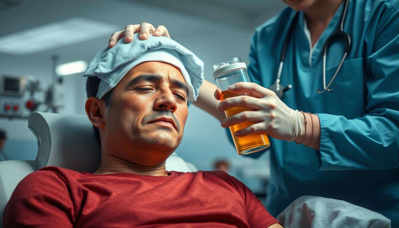 A hyper-realistic photo of a person receiving treatment for heat exhaustion. The subject is sitting down, their face flushed and sweating profusely. They are being tended to by a healthcare professional, who is applying a cold compress to their forehead and providing them with electrolyte-rich fluids. The background is a clean, well-lit medical setting, with the temperature and humidity levels visibly low. The lighting is soft and natural, highlighting the details of the scene and conveying a sense of calm and care. The composition is balanced, with the subject and the healthcare worker occupying the center of the frame, surrounded by the necessary medical equipment and supplies. A hyper-realistic photo of a person receiving treatment for heat exhaustion. The subject is sitting down, their face flushed and sweating profusely. They are being tended to by a healthcare professional, who is applying a cold compress to their forehead and providing them with electrolyte-rich fluids. The background is a clean, well-lit medical setting, with the temperature and humidity levels visibly low. The lighting is soft and natural, highlighting the details of the scene and conveying a sense of calm and care. The composition is balanced, with the subject and the healthcare worker occupying the center of the frame, surrounded by the necessary medical equipment and supplies.