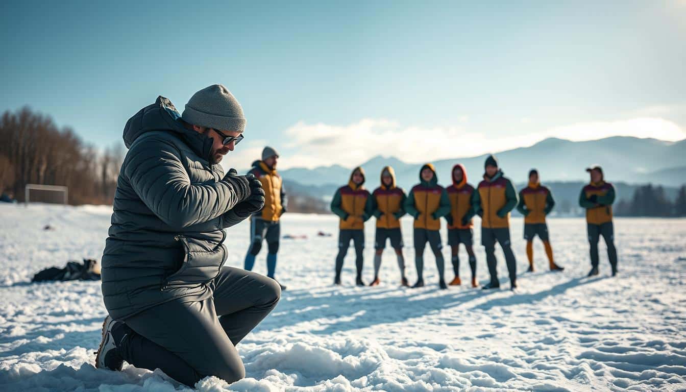 A hyper-realistic photo of a soccer coach demonstrating proper cold weather safety practices to their team on a snowy field. The coach is kneeling down, adjusting a player's cold weather gear and explaining the importance of layering and insulation. In the middle ground, the rest of the team is gathered around, listening intently. In the background, a wintry landscape with bare trees and snowcapped mountains. The lighting is natural, with soft shadows and highlights, creating a sense of warmth and togetherness amidst the cold. The overall mood is one of care, attention, and a shared commitment to player safety. A hyper-realistic photo of a soccer coach demonstrating proper cold weather safety practices to their team on a snowy field. The coach is kneeling down, adjusting a player's cold weather gear and explaining the importance of layering and insulation. In the middle ground, the rest of the team is gathered around, listening intently. In the background, a wintry landscape with bare trees and snowcapped mountains. The lighting is natural, with soft shadows and highlights, creating a sense of warmth and togetherness amidst the cold. The overall mood is one of care, attention, and a shared commitment to player safety.