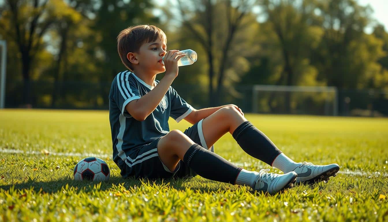 A hyper-realistic photo of a young soccer player sitting on a field, hydrating with a water bottle and eating a healthy snack. The player is wearing a soccer jersey, shorts, and cleats. The field is lush and green, with sunlight filtering through the trees in the background. The scene conveys the importance of proper hydration and nutrition for young athletes training in hot weather, with a focus on replenishing fluids and fueling the body for optimal performance. A hyper-realistic photo of a young soccer player sitting on a field, hydrating with a water bottle and eating a healthy snack. The player is wearing a soccer jersey, shorts, and cleats. The field is lush and green, with sunlight filtering through the trees in the background. The scene conveys the importance of proper hydration and nutrition for young athletes training in hot weather, with a focus on replenishing fluids and fueling the body for optimal performance.
