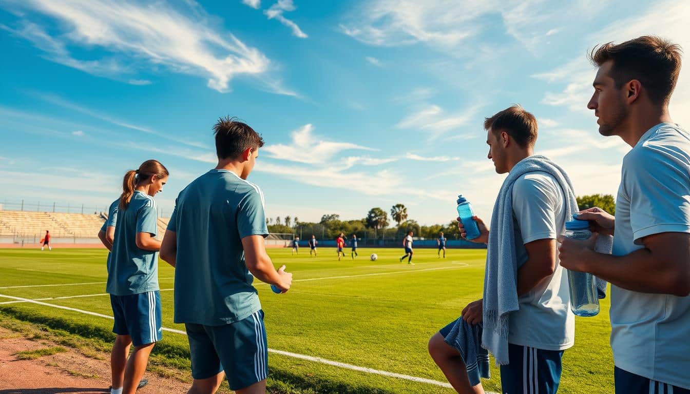 A hyper-realistic photo of athletes taking hydration breaks during a soccer game on a sunny afternoon. The foreground shows a group of players resting on the sidelines, holding water bottles and towels, their uniforms damp with sweat. The middle ground captures the lush, green playing field, with players in the distance running and passing the ball. The background features a clear, blue sky with wispy clouds, casting a warm, golden light over the scene. The overall atmosphere conveys the importance of proper hydration and acclimatization for athletes to maintain their performance and safety during physical activity in challenging weather conditions.