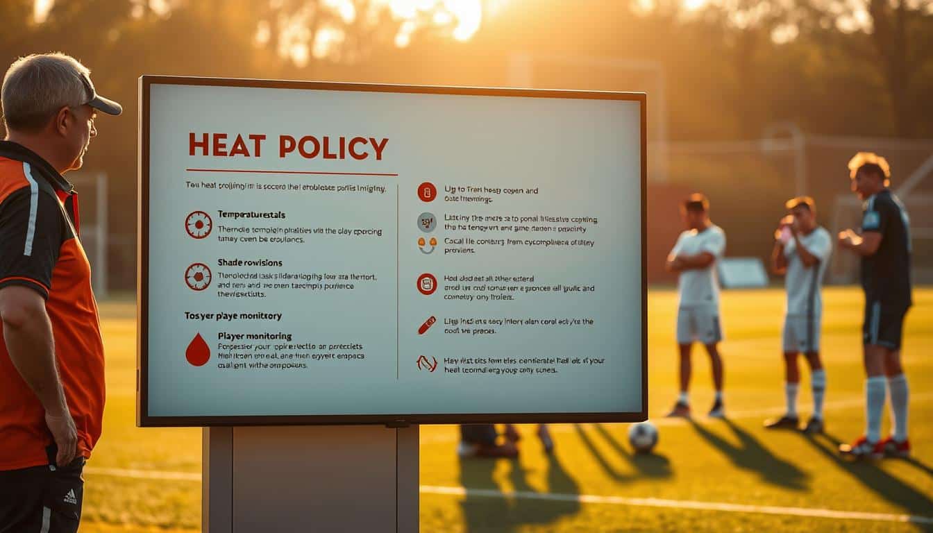 A hyper-realistic photo showcasing soccer heat policy guidelines. In the foreground, a well-designed infographic lays out key elements of the heat policy: temperature thresholds, hydration requirements, shade provision, and player monitoring. The infographic is displayed on a sleek, modern digital screen, its colors and typography crisp and legible. In the middle ground, coaches and officials discuss the policy, their expressions serious as they review the guidelines. In the background, a soccer field bathed in warm, golden light, players taking a break and hydrating under the watchful eye of staff adhering to the heat safety protocol. A hyper-realistic photo showcasing soccer heat policy guidelines. In the foreground, a well-designed infographic lays out key elements of the heat policy: temperature thresholds, hydration requirements, shade provision, and player monitoring. The infographic is displayed on a sleek, modern digital screen, its colors and typography crisp and legible. In the middle ground, coaches and officials discuss the policy, their expressions serious as they review the guidelines. In the background, a soccer field bathed in warm, golden light, players taking a break and hydrating under the watchful eye of staff adhering to the heat safety protocol.