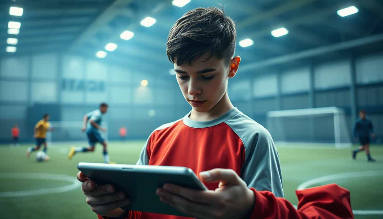 A hyper-realistic photograph showcasing the progress of a young soccer player during their winter training session. The foreground depicts the player intently focused, meticulously reviewing their training data on a tablet device. The middle ground captures the player executing a series of drills, their movements fluid and precise. The background features a well-lit indoor soccer facility, with the soft glow of artificial lighting and the faint outlines of other players and coaches in the distance, creating a sense of activity and dedication. The overall atmosphere conveys a serious, analytical approach to improving one's skills, with the player's determined expression and the carefully curated data on the tablet hinting at the constant refinement of their training regimen. A hyper-realistic photograph showcasing the progress of a young soccer player during their winter training session. The foreground depicts the player intently focused, meticulously reviewing their training data on a tablet device. The middle ground captures the player executing a series of drills, their movements fluid and precise. The background features a well-lit indoor soccer facility, with the soft glow of artificial lighting and the faint outlines of other players and coaches in the distance, creating a sense of activity and dedication. The overall atmosphere conveys a serious, analytical approach to improving one's skills, with the player's determined expression and the carefully curated data on the tablet hinting at the constant refinement of their training regimen.