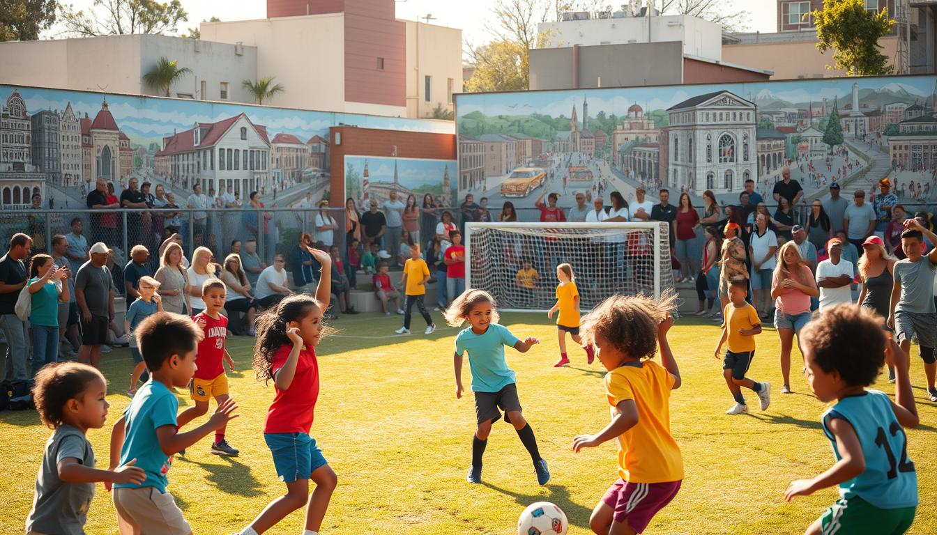 A lively soccer field in a vibrant local neighborhood, sun-dappled and bustling with activity. In the foreground, a group of children engaged in a friendly match, their laughter and cheers filling the air. The middle ground features a diverse array of spectators, parents, and community members, animated in their support and enthusiasm. In the background, a mural adorns the surrounding walls, depicting iconic local landmarks and scenes from the neighborhood's history. The lighting is warm and inviting, casting a golden glow over the entire scene, capturing the spirit of local soccer stories and the community that brings them to life.