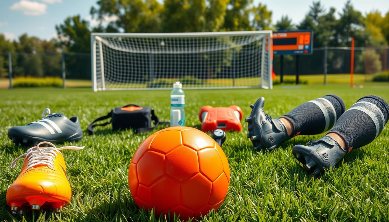 A meticulously detailed, hyper-realistic photo of an array of essential youth soccer equipment laid out on a lush, verdant soccer field. In the foreground, a vibrant orange soccer ball, cleats with steel studs, and shin guards with protective padding. In the middle ground, a referee's whistle, a water bottle, and a first aid kit with bandages and antiseptic. In the background, goal posts with nets, corner flags, and a scoreboard with a bright digital display. The scene is illuminated by natural sunlight, casting soft shadows and highlighting the vibrant colors of the equipment. The overall atmosphere conveys a sense of organization, safety, and preparedness for a youth soccer match.