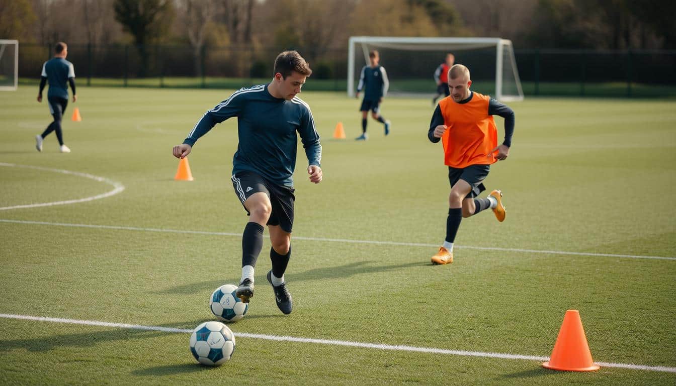 A soccer field in soft natural lighting, with two players intensely focused on the ball. In the foreground, one player deftly dribbles the ball, weaving between cones with precision. In the middle ground, a second player sprints to receive a well-timed pass, their movements fluid and efficient. The background features other players engaged in similar passing and dribbling drills, creating a sense of a comprehensive training session. The scene conveys the discipline, technique, and teamwork required to master essential soccer skills through practice and gameplay. A soccer field in soft natural lighting, with two players intensely focused on the ball. In the foreground, one player deftly dribbles the ball, weaving between cones with precision. In the middle ground, a second player sprints to receive a well-timed pass, their movements fluid and efficient. The background features other players engaged in similar passing and dribbling drills, creating a sense of a comprehensive training session. The scene conveys the discipline, technique, and teamwork required to master essential soccer skills through practice and gameplay.