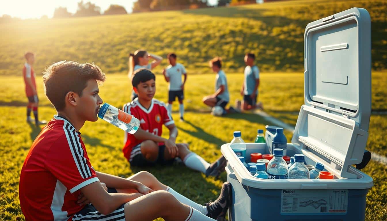 A soccer field on a sunny afternoon, with several young players taking a hydration break. In the foreground, a player sits on the ground, drinking from a water bottle with a focused expression. Behind them, teammates gather around a cooler filled with water and sports drinks, replenishing their fluids. The middle ground features players stretching and chatting, their faces flushed from the exertion. In the background, the lush, green grass of the field is bathed in warm, golden light, creating a sense of tranquility and rejuvenation. The hyper-realistic photo captures the importance of hydration for maintaining concentration and energy during a soccer game. A soccer field on a sunny afternoon, with several young players taking a hydration break. In the foreground, a player sits on the ground, drinking from a water bottle with a focused expression. Behind them, teammates gather around a cooler filled with water and sports drinks, replenishing their fluids. The middle ground features players stretching and chatting, their faces flushed from the exertion. In the background, the lush, green grass of the field is bathed in warm, golden light, creating a sense of tranquility and rejuvenation. The hyper-realistic photo captures the importance of hydration for maintaining concentration and energy during a soccer game.