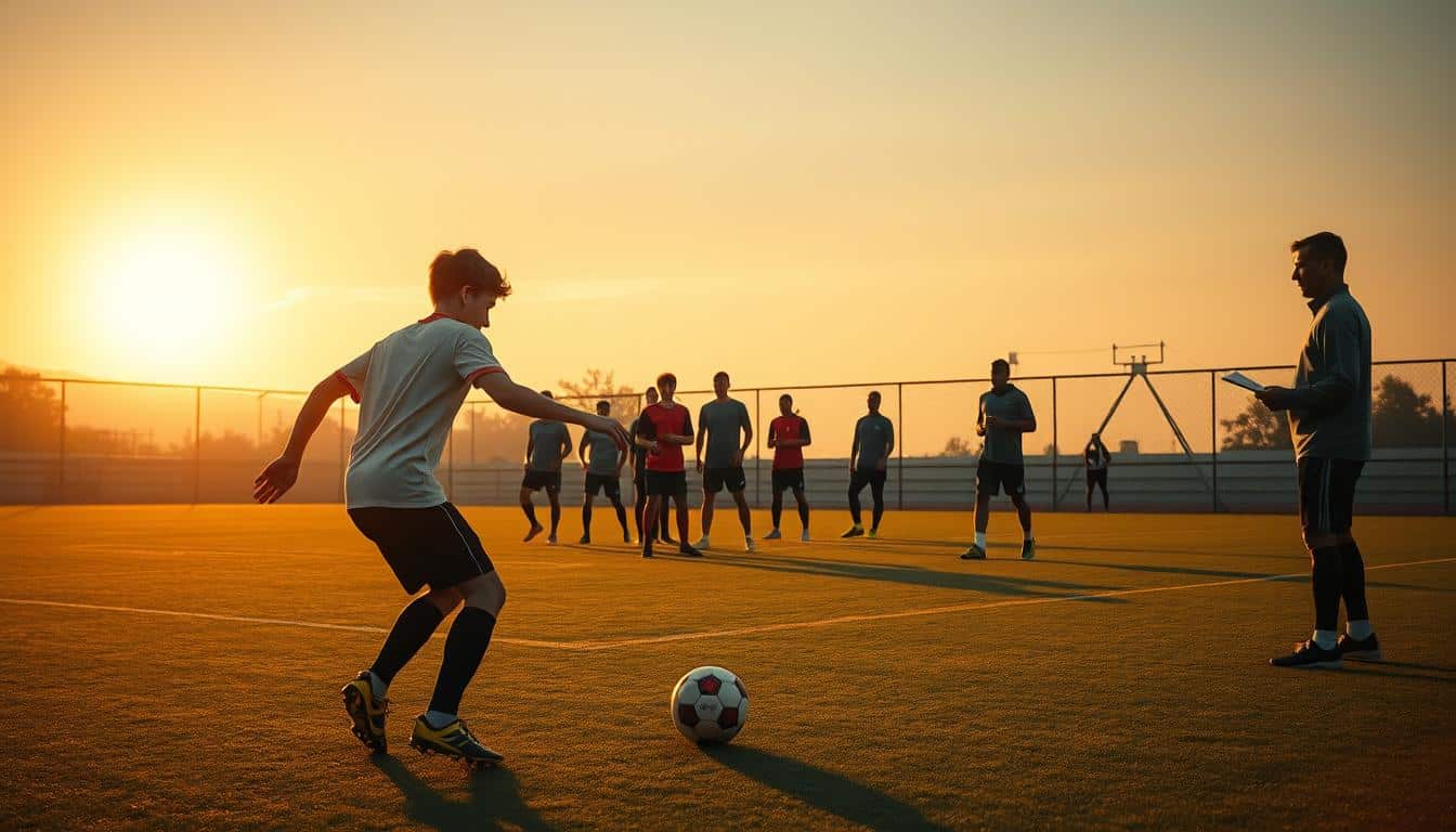 A soccer field under a warm, golden sunset. In the foreground, two young defenders engage in a one-on-one drill, their bodies in dynamic motion as they jockey for position. The middle ground features a group of players practicing defensive positioning and communication, their faces intense with concentration. In the background, a coach observes the session, clipboard in hand, offering guidance and feedback. The scene is bathed in a soft, golden light that casts long shadows, creating a sense of depth and drama. The overall mood is one of focused intensity, as the players hone their defensive skills for the game ahead. Hyper-realistic photo. A soccer field under a warm, golden sunset. In the foreground, two young defenders engage in a one-on-one drill, their bodies in dynamic motion as they jockey for position. The middle ground features a group of players practicing defensive positioning and communication, their faces intense with concentration. In the background, a coach observes the session, clipboard in hand, offering guidance and feedback. The scene is bathed in a soft, golden light that casts long shadows, creating a sense of depth and drama. The overall mood is one of focused intensity, as the players hone their defensive skills for the game ahead. Hyper-realistic photo.