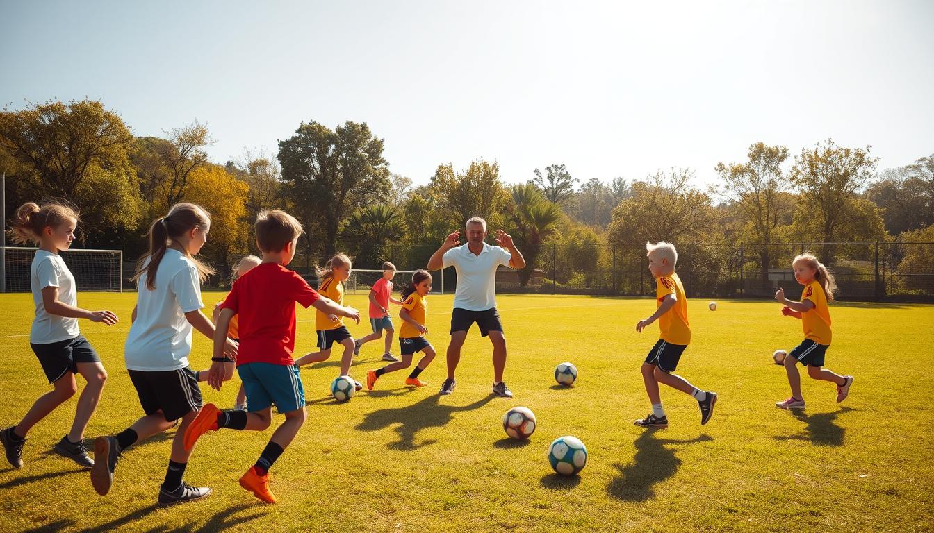 A sun-drenched soccer field, young players engaged in dynamic teamwork drills. In the foreground, a group of children pass the ball back and forth, their faces alight with concentration. In the middle ground, a coach demonstrates a coordinated dribbling exercise, guiding the team's movements with precise gestures. The background features a lush, verdant landscape, trees swaying gently in the warm breeze. The scene is captured with a hyper-realistic photographic quality, showcasing the camaraderie and team-building energy of this engaging soccer practice. A sun-drenched soccer field, young players engaged in dynamic teamwork drills. In the foreground, a group of children pass the ball back and forth, their faces alight with concentration. In the middle ground, a coach demonstrates a coordinated dribbling exercise, guiding the team's movements with precise gestures. The background features a lush, verdant landscape, trees swaying gently in the warm breeze. The scene is captured with a hyper-realistic photographic quality, showcasing the camaraderie and team-building energy of this engaging soccer practice.