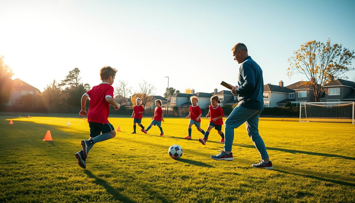 A vibrant, hyper-realistic soccer training session for young strikers. On a lush, well-manicured pitch, a group of determined kids run drills, weaving through agility cones and practicing target shooting. Warm afternoon sunlight filters through the trees, casting long shadows across the scene. The coach, clipboard in hand, intently observes their progress, offering guidance. In the background, a picturesque suburban neighborhood provides a peaceful backdrop, further emphasizing the focus and dedication of the training. A vibrant, hyper-realistic soccer training session for young strikers. On a lush, well-manicured pitch, a group of determined kids run drills, weaving through agility cones and practicing target shooting. Warm afternoon sunlight filters through the trees, casting long shadows across the scene. The coach, clipboard in hand, intently observes their progress, offering guidance. In the background, a picturesque suburban neighborhood provides a peaceful backdrop, further emphasizing the focus and dedication of the training.