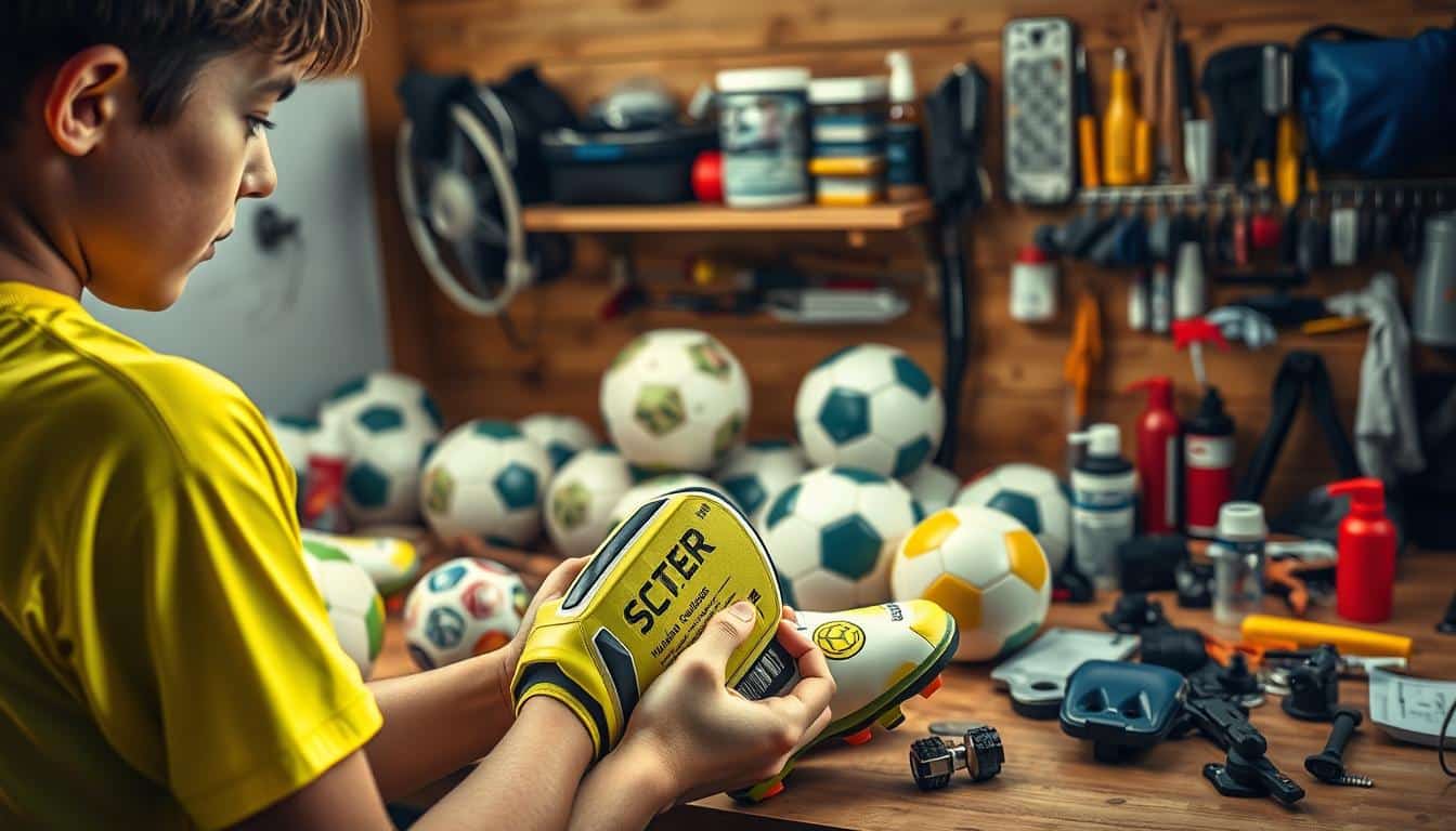 A well-lit, hyper-realistic photograph showcasing a neatly organized soccer equipment maintenance station. In the foreground, a young soccer player carefully inspects and cleans a set of shin guards, their expression focused and determined. The middle ground features a collection of freshly inflated soccer balls, their vibrant colors and pristine surfaces reflecting the bright, natural lighting. In the background, a sturdy wooden workbench displays an array of cleaning supplies, tools, and replacement parts, conveying a sense of diligence and care in maintaining the essential gear. The overall atmosphere is one of dedication, attention to detail, and a commitment to ensuring the longevity and safety of the soccer equipment.