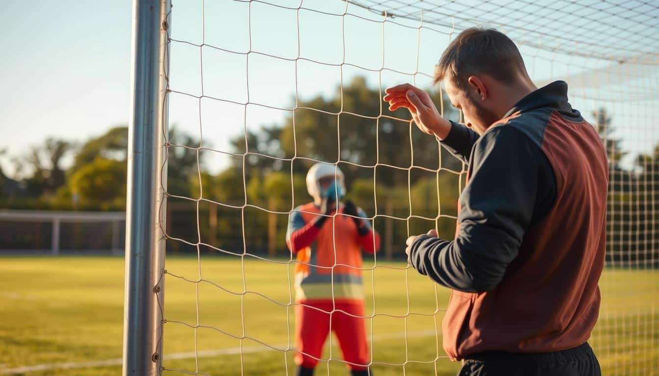 A well-maintained soccer goal stands tall and sturdy, its metallic frame gleaming in the warm afternoon sunlight. In the foreground, a groundskeeper diligently inspects the goal's joints, ensuring they are firmly secured and free of any rust or corrosion. The middle ground showcases the goal's netting, meticulously checked for any rips or tears, ready to capture the perfect shots. In the background, the lush, verdant field extends, inviting players to take the field and test the goal's resilience. The scene conveys a sense of care and attention to detail, crucial for the safe and reliable installation of this essential piece of soccer equipment. A well-maintained soccer goal stands tall and sturdy, its metallic frame gleaming in the warm afternoon sunlight. In the foreground, a groundskeeper diligently inspects the goal's joints, ensuring they are firmly secured and free of any rust or corrosion. The middle ground showcases the goal's netting, meticulously checked for any rips or tears, ready to capture the perfect shots. In the background, the lush, verdant field extends, inviting players to take the field and test the goal's resilience. The scene conveys a sense of care and attention to detail, crucial for the safe and reliable installation of this essential piece of soccer equipment.
