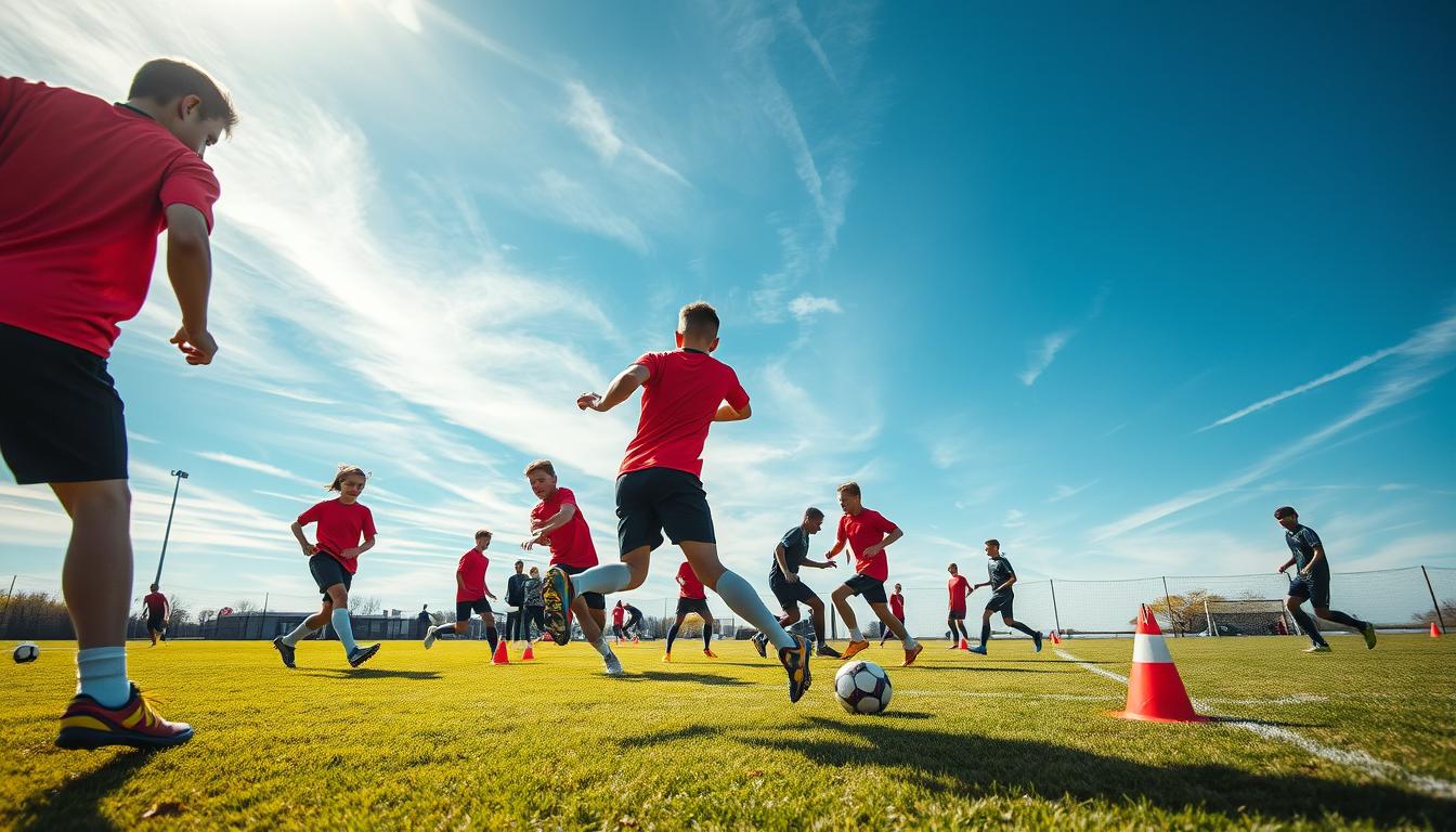 An outdoor soccer field on a sunny day, players performing various agility drills to improve their ability to change direction. The foreground shows a group of young soccer players in uniform, their bodies in dynamic motion as they cut sharply, plant their feet, and accelerate in new directions. The middle ground reveals cones, ladders, and other training equipment scattered across the field, creating a structured environment for the drills. In the background, a vibrant green grass pitch is framed by a clear blue sky with wispy clouds, conveying a sense of energy and athleticism. The lighting is natural and casts long, dynamic shadows that accentuate the players' movements. The overall scene is captured with a wide-angle, high-resolution lens, presenting a hyper-realistic, immersive image of essential soccer agility training. An outdoor soccer field on a sunny day, players performing various agility drills to improve their ability to change direction. The foreground shows a group of young soccer players in uniform, their bodies in dynamic motion as they cut sharply, plant their feet, and accelerate in new directions. The middle ground reveals cones, ladders, and other training equipment scattered across the field, creating a structured environment for the drills. In the background, a vibrant green grass pitch is framed by a clear blue sky with wispy clouds, conveying a sense of energy and athleticism. The lighting is natural and casts long, dynamic shadows that accentuate the players' movements. The overall scene is captured with a wide-angle, high-resolution lens, presenting a hyper-realistic, immersive image of essential soccer agility training.