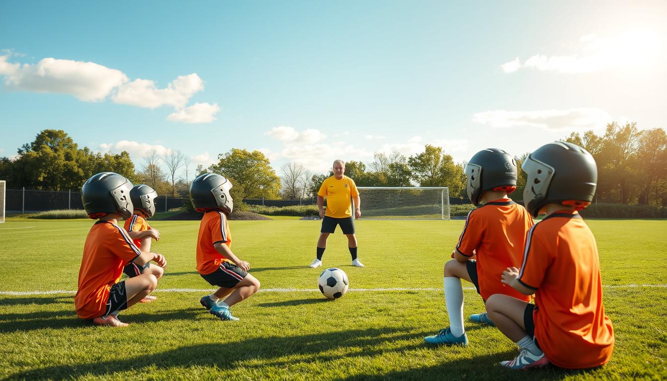 Hyper-realistic photo of a soccer training session focused on concussion prevention techniques. In the foreground, a group of young soccer players wearing protective headgear practice proper heading techniques with a soft, low-bouncing ball. In the middle ground, a coach demonstrates the correct form and positioning for safe ball control. The background features a well-lit, well-maintained soccer field with clear skies and lush greenery. The lighting is natural and evenly distributed, highlighting the players' concentration and the coaches' attentive supervision. The overall atmosphere conveys a sense of diligence, safety, and the pursuit of skill development within a secure training environment.