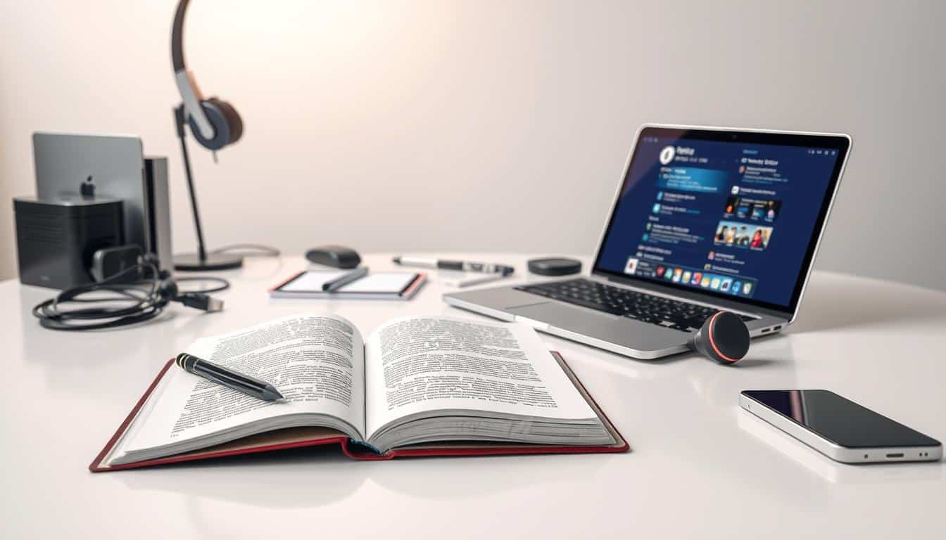 a hyper-realistic photo of a clean, well-lit workspace with a laptop, tablet, and various digital learning resources like e-books, online course materials, and educational apps displayed on a sleek, modern desk. The foreground features an open textbook and a stylus hovering over a digital note-taking app. The middle ground showcases a tidy array of cables, headphones, and other tech accessories. The background subtly fades into a minimalist, light-colored wall, creating a sense of focus and productivity. The overall atmosphere conveys a harmonious balance between traditional and digital learning tools, reflecting the importance of leveraging technology to enhance educational experiences. a hyper-realistic photo of a clean, well-lit workspace with a laptop, tablet, and various digital learning resources like e-books, online course materials, and educational apps displayed on a sleek, modern desk. The foreground features an open textbook and a stylus hovering over a digital note-taking app. The middle ground showcases a tidy array of cables, headphones, and other tech accessories. The background subtly fades into a minimalist, light-colored wall, creating a sense of focus and productivity. The overall atmosphere conveys a harmonious balance between traditional and digital learning tools, reflecting the importance of leveraging technology to enhance educational experiences.