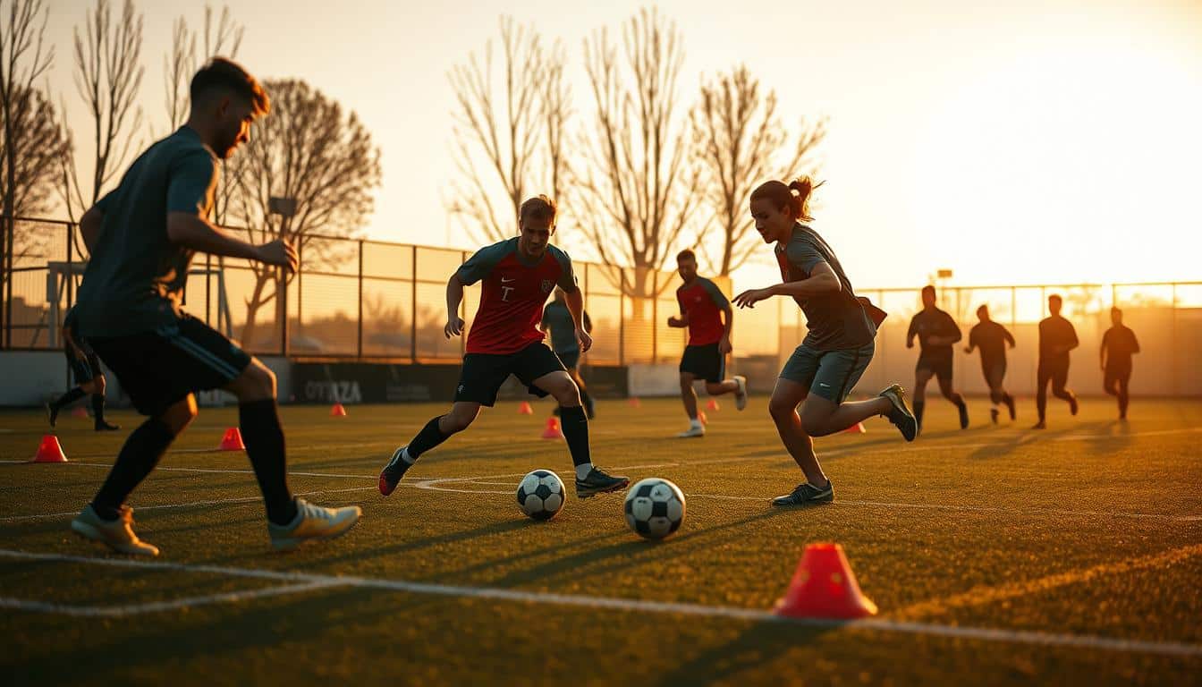 A dynamic, multi-player soccer training session unfolds under warm, golden-hour lighting. In the foreground, players deftly maneuver the ball through a series of agility cones, their movements sharp and precise. The midground features two players engaged in a quick passing drill, their bodies in fluid motion as they exchange the ball. In the background, a group of players sprint between markers, their legs pumping with purpose. The scene is imbued with a sense of energy and determination, capturing the essence of an engaging soccer movement drill. A dynamic, multi-player soccer training session unfolds under warm, golden-hour lighting. In the foreground, players deftly maneuver the ball through a series of agility cones, their movements sharp and precise. The midground features two players engaged in a quick passing drill, their bodies in fluid motion as they exchange the ball. In the background, a group of players sprint between markers, their legs pumping with purpose. The scene is imbued with a sense of energy and determination, capturing the essence of an engaging soccer movement drill.
