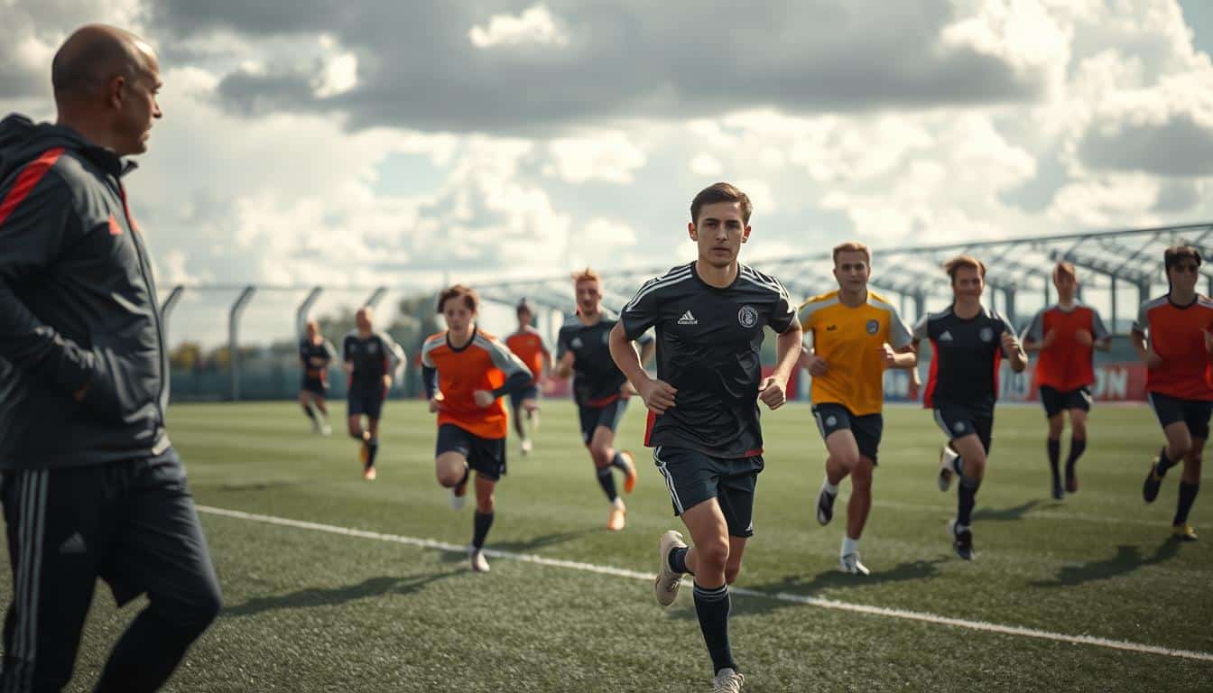 A hyper-realistic photo of a soccer field, with players in the foreground engaged in intense endurance training drills. The players are running laps, doing sprints, and participating in high-intensity interval exercises, all under the watchful eye of a coach. The background is blurred, but the field is well-lit, with natural sunlight filtering through the clouds. The players' expressions are determined, and their movements are captured in sharp detail, conveying the physical demands of the training regimen. The overall scene evokes a sense of dedication, discipline, and the pursuit of athletic excellence. A hyper-realistic photo of a soccer field, with players in the foreground engaged in intense endurance training drills. The players are running laps, doing sprints, and participating in high-intensity interval exercises, all under the watchful eye of a coach. The background is blurred, but the field is well-lit, with natural sunlight filtering through the clouds. The players' expressions are determined, and their movements are captured in sharp detail, conveying the physical demands of the training regimen. The overall scene evokes a sense of dedication, discipline, and the pursuit of athletic excellence.