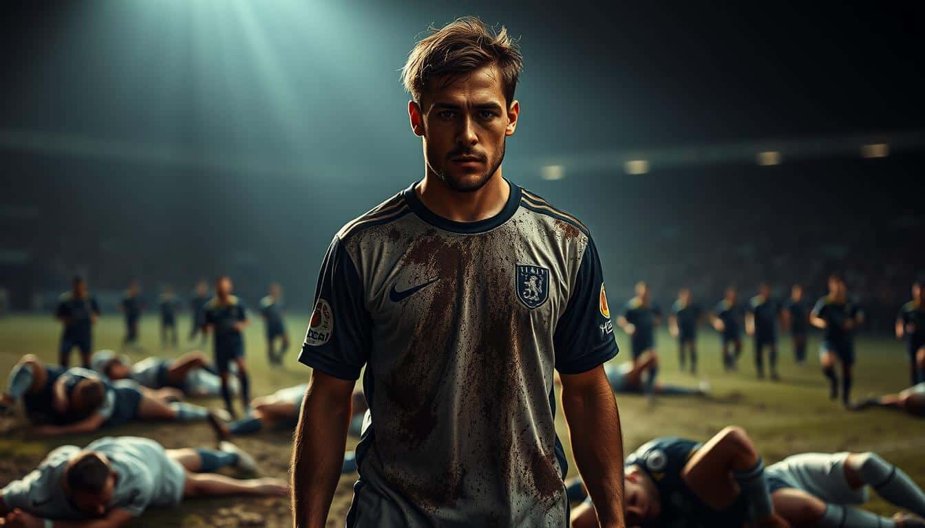A determined soccer player, their jersey covered in dirt, grit visible in their expression, stands tall amid a field of fallen teammates. Dramatic lighting casts deep shadows, highlighting the player's steely resolve. In the background, the opposing team advances, yet the player remains unflinching, their focus unwavering. The scene conveys a sense of perseverance, a refusal to be deterred by setbacks, and a determination to push forward despite the challenges. Hyper-realistic, cinematic in quality, this image captures the essence of overcoming obstacles on the soccer pitch. A determined soccer player, their jersey covered in dirt, grit visible in their expression, stands tall amid a field of fallen teammates. Dramatic lighting casts deep shadows, highlighting the player's steely resolve. In the background, the opposing team advances, yet the player remains unflinching, their focus unwavering. The scene conveys a sense of perseverance, a refusal to be deterred by setbacks, and a determination to push forward despite the challenges. Hyper-realistic, cinematic in quality, this image captures the essence of overcoming obstacles on the soccer pitch.