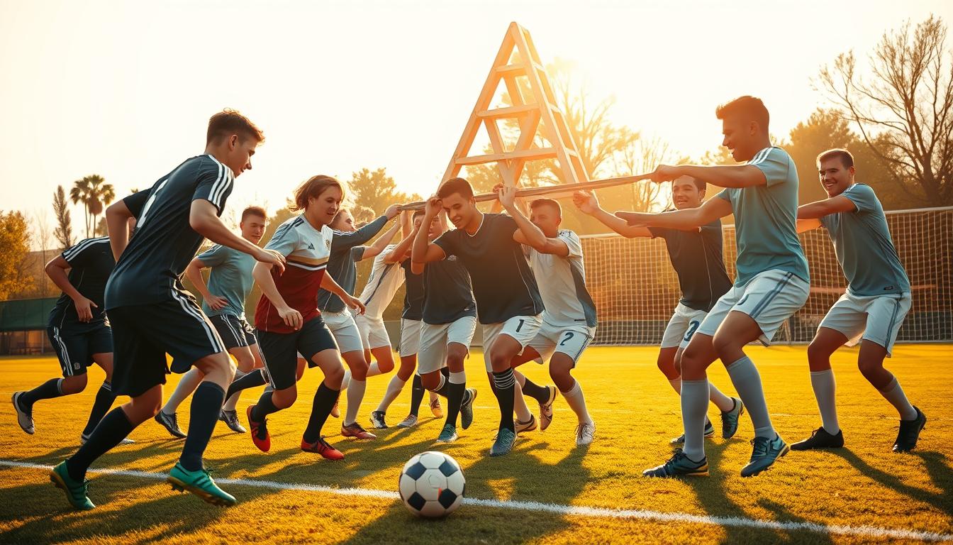 A group of enthusiastic soccer players engaging in a series of dynamic, team-building challenges. In the foreground, players compete in a relay race, passing a ball with lightning speed. In the middle ground, teammates collaborate to build the tallest human pyramid, their faces beaming with camaraderie. In the background, a playful tug-of-war contest unfolds, the players' muscles straining against each other as they work together to gain the upper hand. The scene is bathed in warm, golden sunlight, capturing the spirit of unity and sportsmanship. The image conveys a hyper-realistic, photographic quality, showcasing the energy, teamwork, and joy of the soccer group as they push the boundaries of their collective strength and determination.