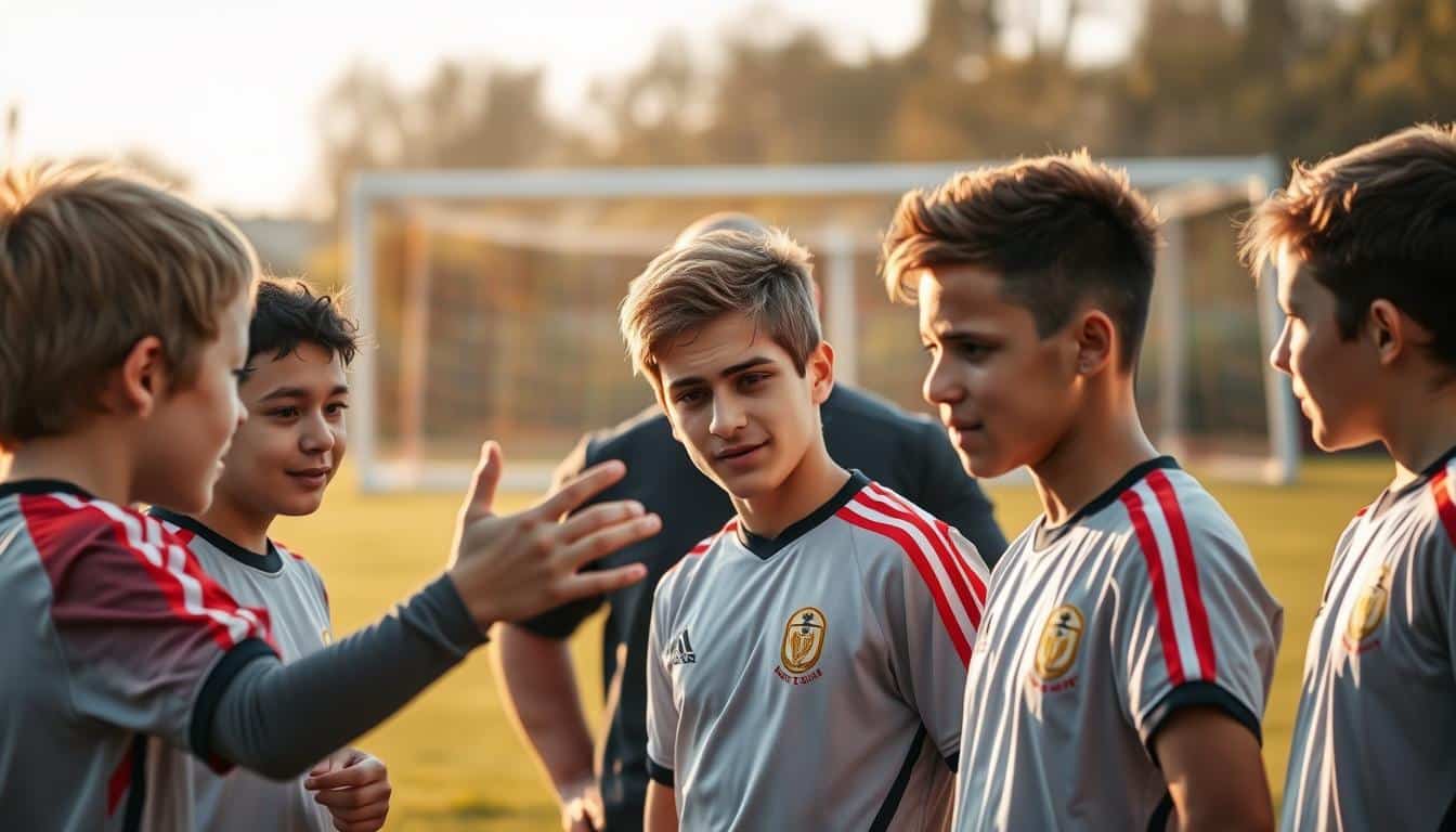 A group of young soccer players intently communicating during a training session, their faces animated with focus and determination. In the foreground, two players gesture emphatically, their bodies angled towards each other as they strategize. In the middle ground, the coach observes the interaction, a thoughtful expression on their face. The background is a softly blurred field, with the goal posts in the distance, casting long shadows as the golden light of late afternoon filters through. The scene is captured with a hyper-realistic photographic style, highlighting the nuanced facial expressions and body language of the players as they collaborate.