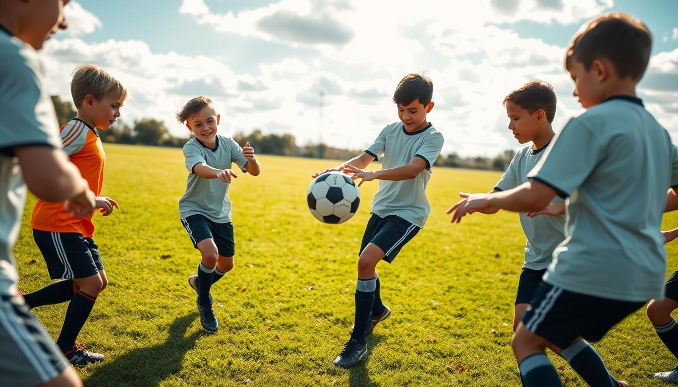 A group of young soccer players intently passing a ball to one another on a lush, green field under a bright, sun-dappled sky. The foreground features the players' dynamic movements as they deftly control the ball, their faces focused with determination. The middle ground showcases the teamwork and coordination as the ball seamlessly transitions between them. In the background, the field stretches out, creating a sense of depth and the wider context of a training session. The lighting is natural and warm, casting soft shadows and highlighting the players' jerseys. The overall scene conveys the energy, camaraderie, and essential skills of beginner-level team passing drills.