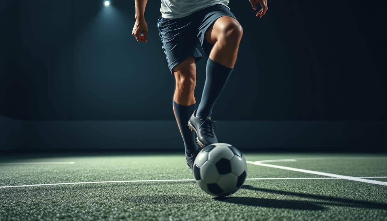 A hyper-realistic high-resolution photograph of a soccer player performing speed dribbling techniques. The player is in the foreground, dribbling the ball quickly and smoothly, legs and feet blurred in motion. The middle ground shows the player changing direction with sharp cuts and turns, showcasing their agility and ball control. The background is a dimly lit indoor soccer court with clean lines and geometric patterns, creating a sense of depth and focus on the player's movements. Dramatic lighting from the side emphasizes the player's muscular form and the ball's trajectory, casting dynamic shadows. The overall mood is one of intense, fast-paced action and technical skill.