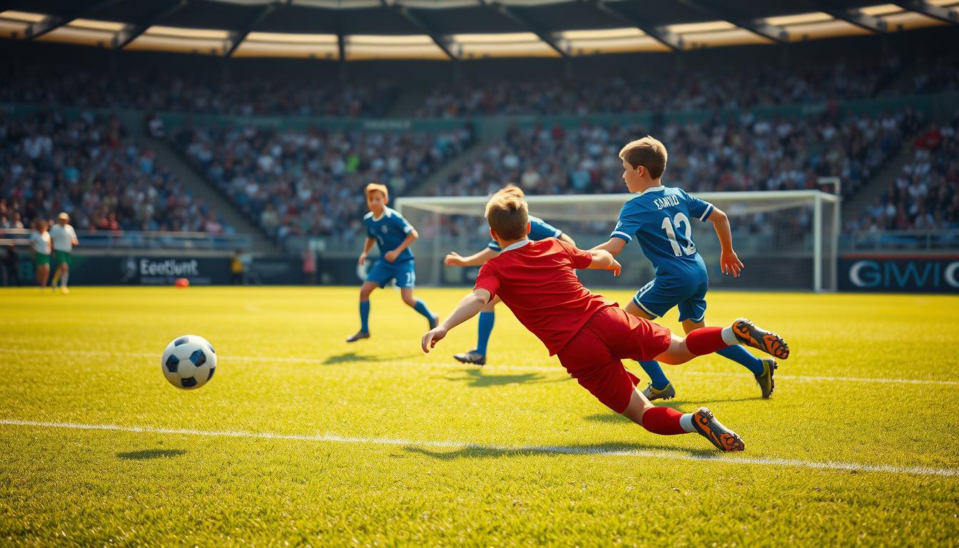 A hyper-realistic photo depicting a soccer field with three young players in defensive positions. In the foreground, a player in a red jersey is sliding to block a shot, their cleats digging into the lush green grass. In the middle ground, two players in blue jerseys are carefully positioning themselves to intercept a pass, their bodies in a balanced, defensive stance. The background shows the rest of the field, with the goal posts in the distance and the stands filled with cheering fans. The lighting is natural, with the sun casting a warm glow across the scene, creating a sense of energy and excitement.