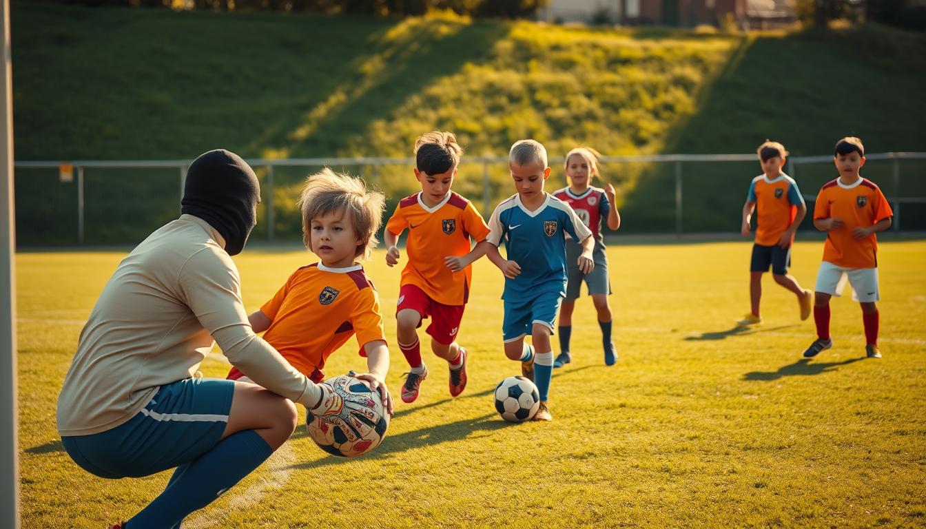 A hyper-realistic photo of a diverse group of children in soccer uniforms, engaged in various roles on the field. In the foreground, a goalkeeper crouches, clutching the ball, their face shielded by a determined expression. In the middle ground, a midfielder dribbles the ball upfield, teammates flanking them, their movements coordinated and purposeful. In the background, a defender clears the ball, while a striker waits, poised to receive the pass. The lighting is warm and natural, casting long shadows across the lush, verdant pitch. The scene conveys a sense of teamwork, camaraderie, and the joy of the sport.