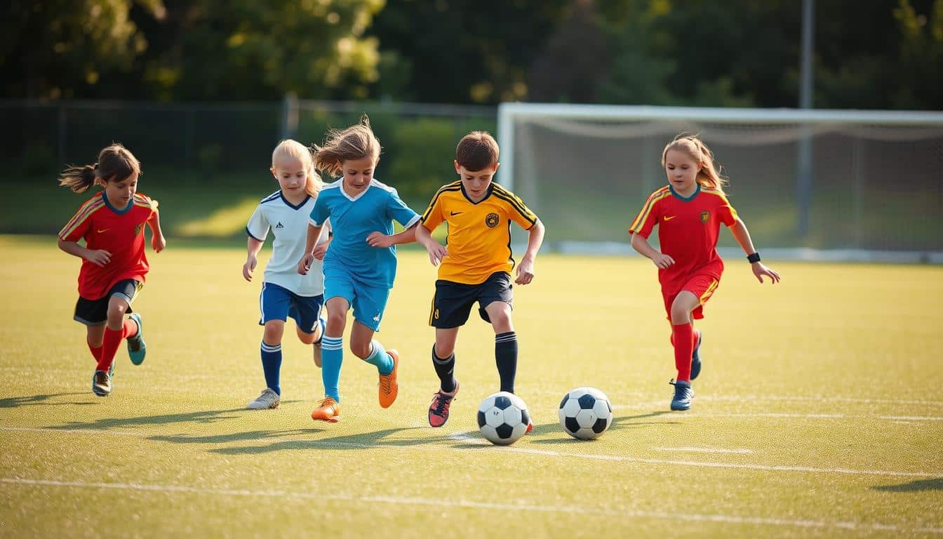 A hyper-realistic photo of a group of young soccer players enthusiastically engaged in a match on a pristine, well-maintained field. The players, ranging from ages 6 to 12, are wearing brightly colored uniforms and showcasing their skills as they dribble, pass, and shoot the ball. The lighting is natural, with the sun casting a warm, golden glow over the scene. The camera angle is slightly elevated, providing a panoramic view of the field and the players' movements. The background is blurred, keeping the focus on the dynamic action unfolding on the pitch. The overall atmosphere conveys the joy, energy, and camaraderie of youth soccer, highlighting the key rules and concepts that govern the game.