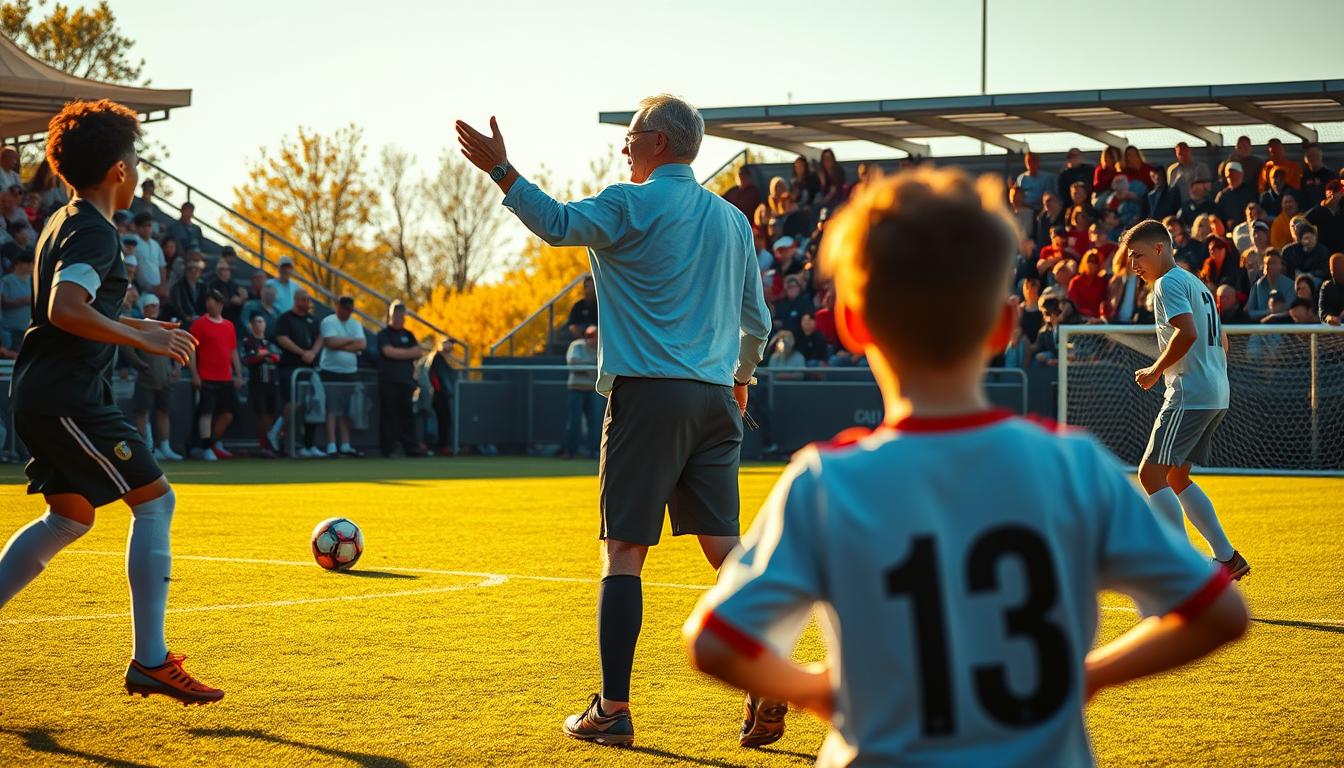 A hyper-realistic photo of a soccer field, with players in the foreground engaged in a game. In the middle ground, a coach is gesturing animatedly, conveying intrinsic motivators like teamwork and personal growth. In the background, spectators watch with enthusiasm, representing extrinsic motivators like recognition and social belonging. The scene is bathed in warm, golden light, creating a sense of energy and camaraderie. The composition emphasizes the interplay between the individual and the team, capturing the essence of utilizing both intrinsic and extrinsic motivators in the sport of soccer. A hyper-realistic photo of a soccer field, with players in the foreground engaged in a game. In the middle ground, a coach is gesturing animatedly, conveying intrinsic motivators like teamwork and personal growth. In the background, spectators watch with enthusiasm, representing extrinsic motivators like recognition and social belonging. The scene is bathed in warm, golden light, creating a sense of energy and camaraderie. The composition emphasizes the interplay between the individual and the team, capturing the essence of utilizing both intrinsic and extrinsic motivators in the sport of soccer.
