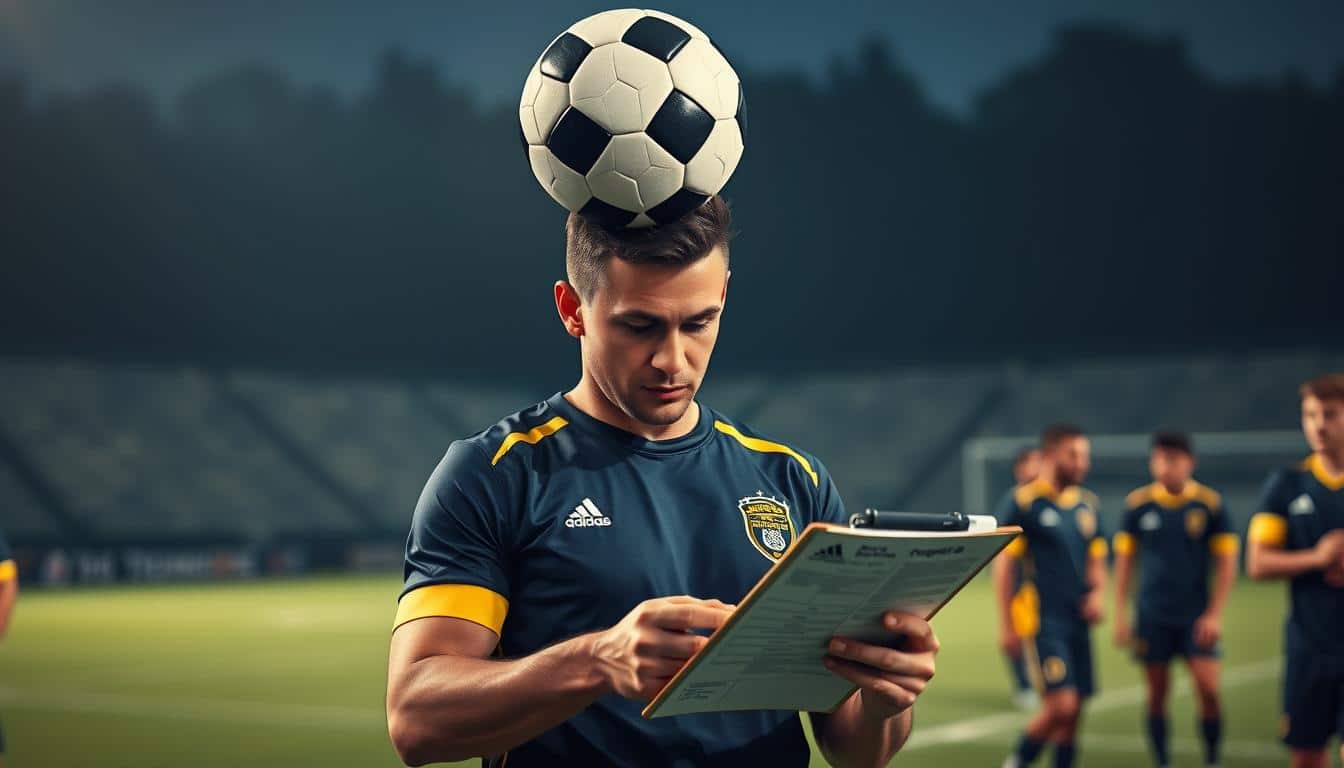 A hyper-realistic photo of a soccer team captain, dressed in their uniform, balancing a soccer ball on their head while carefully reviewing game plans, tactics, and player positions on a clipboard. They stand confidently on a well-lit soccer field, surrounded by their team members, conveying a sense of leadership, focus, and the ability to multitask their on-field and off-field responsibilities. The captain's expression is determined, with a slight furrow of their brow, as they navigate the delicate balance of their duties. A hyper-realistic photo of a soccer team captain, dressed in their uniform, balancing a soccer ball on their head while carefully reviewing game plans, tactics, and player positions on a clipboard. They stand confidently on a well-lit soccer field, surrounded by their team members, conveying a sense of leadership, focus, and the ability to multitask their on-field and off-field responsibilities. The captain's expression is determined, with a slight furrow of their brow, as they navigate the delicate balance of their duties.