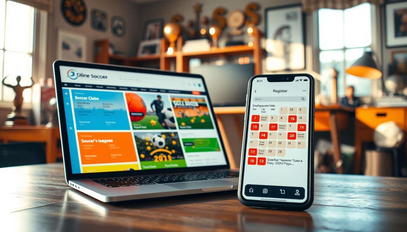 A hyper-realistic photo of online soccer opportunities. In the foreground, a laptop displaying a vibrant web page showcasing various soccer clubs, leagues, and registration links. In the middle ground, a smartphone with a calendar app open, highlighting upcoming soccer tryouts and events. In the background, a busy home office setting with sports memorabilia, trophies, and a cozy atmosphere. Warm, natural lighting illuminates the scene, creating a sense of productivity and inspiration. The overall mood is one of excitement and anticipation, encouraging the viewer to explore the wealth of online resources available for aspiring soccer players. A hyper-realistic photo of online soccer opportunities. In the foreground, a laptop displaying a vibrant web page showcasing various soccer clubs, leagues, and registration links. In the middle ground, a smartphone with a calendar app open, highlighting upcoming soccer tryouts and events. In the background, a busy home office setting with sports memorabilia, trophies, and a cozy atmosphere. Warm, natural lighting illuminates the scene, creating a sense of productivity and inspiration. The overall mood is one of excitement and anticipation, encouraging the viewer to explore the wealth of online resources available for aspiring soccer players.