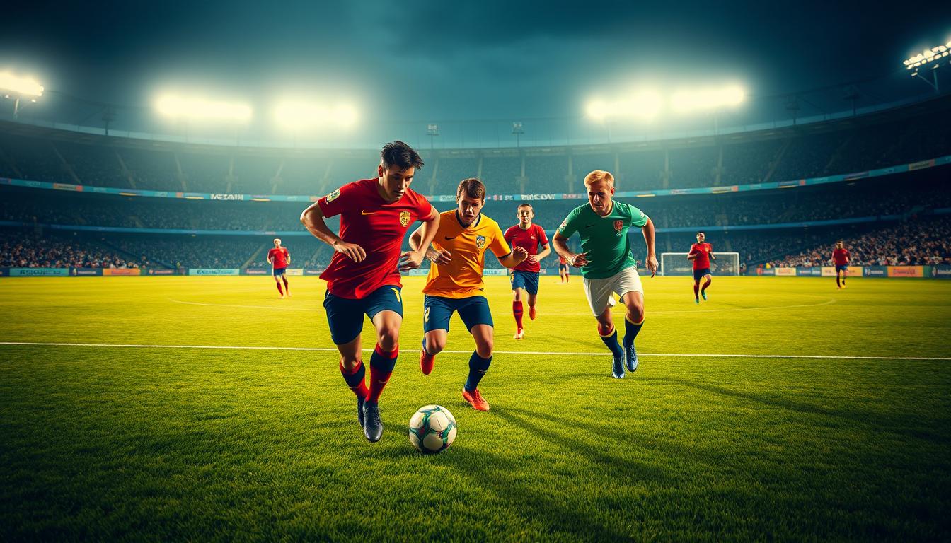 A hyper-realistic photo of soccer players in attacking positions on a well-lit, lush green field. The foreground features three players in an intense offensive formation, their jerseys in vibrant colors as they stride forward with determination. In the middle ground, teammates provide support, their movements blurred in a sense of dynamic motion. The background showcases the grandstands and stadium lights, casting a warm glow over the scene and creating a captivating atmosphere of a high-stakes match.