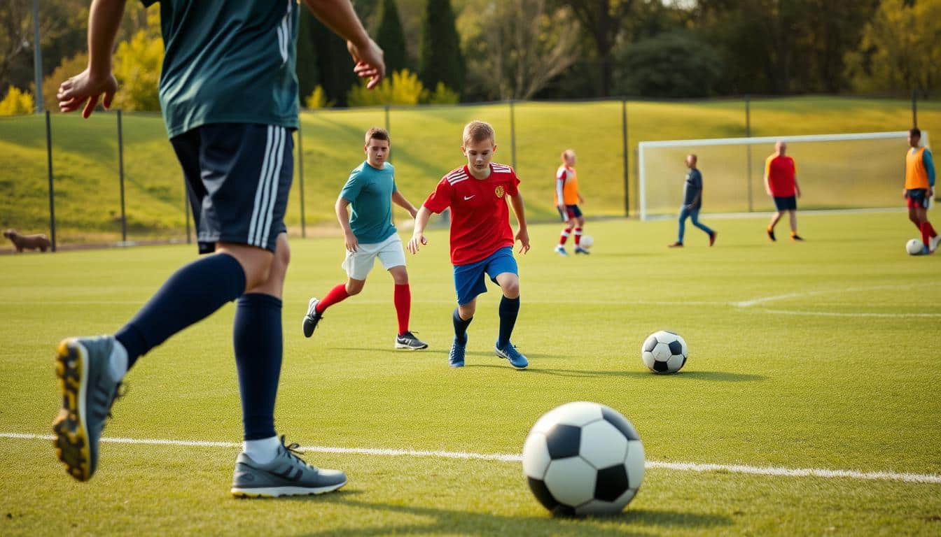 A hyper-realistic photo showcasing a group of beginner soccer players demonstrating the fundamental skills of the game. The foreground features a player skillfully dribbling the ball, their footwork precise and controlled. In the middle ground, two players engage in a passing drill, the ball arcing gracefully between them. The background captures a training session, with players practicing shooting, heading, and other essential techniques under the watchful eye of a coach. The lighting is natural, casting a warm glow that highlights the players' focused expressions and the lush, verdant field. The composition is balanced, drawing the viewer's attention to the key soccer skills being demonstrated.