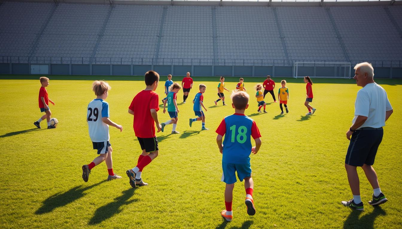 A lush, grassy soccer field on a sunny day. In the foreground, a group of young players in colorful uniforms, their faces filled with determination, as they practice passing and shooting drills under the watchful eye of a patient coach. The middle ground showcases the team working together, weaving intricate patterns as they move the ball up and down the field. In the background, the stadium stands cast long shadows, creating a sense of depth and scale. Soft, diffused lighting bathes the scene, highlighting the players' focused expressions and the fluid, graceful movements of the game. The overall atmosphere conveys a spirit of teamwork, camaraderie, and the joy of learning and improving together.