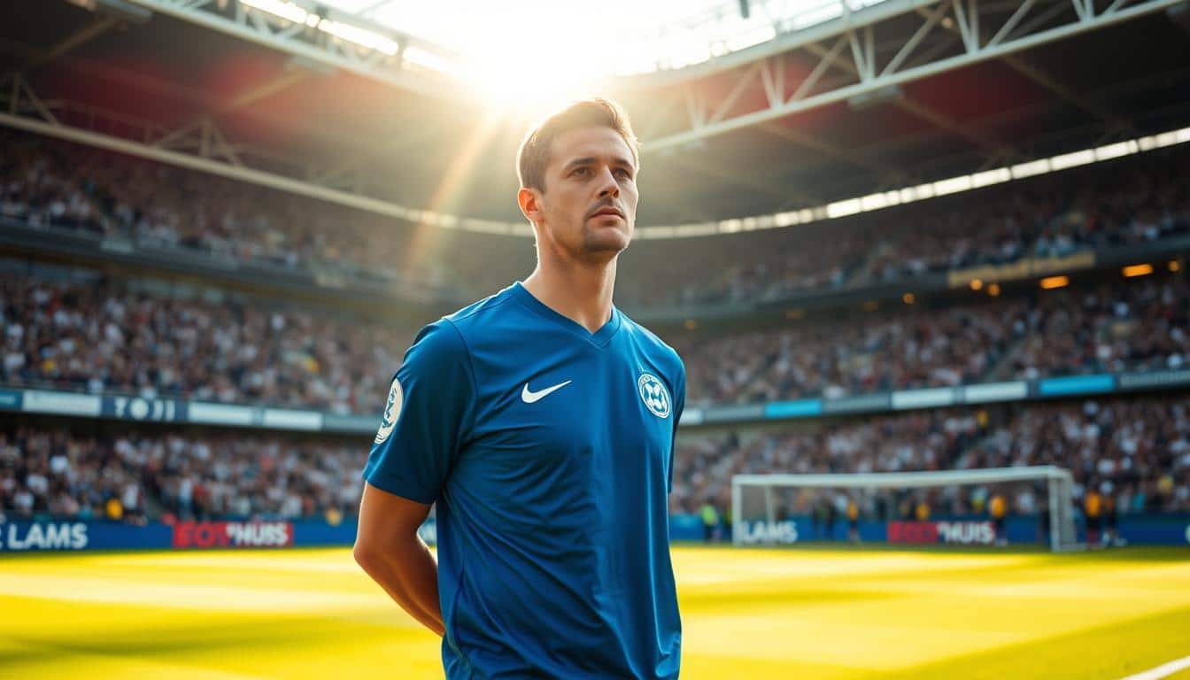 A soccer captain, clad in a crisp, royal blue jersey, stands resolute on the pitch, radiating an aura of calm leadership. His gaze is steady, his posture confident, as he surveys the field with a keen eye, directing his teammates with a subtle hand gesture. The sunlight filters through the stadium's open roof, casting a warm, natural glow on the scene, highlighting the player's determined expression. In the background, the crowd's roar echoes, a testament to the high-stakes match unfolding. The image captures the essence of a soccer leader who embodies the values of leading by example and maintaining composure under immense pressure.